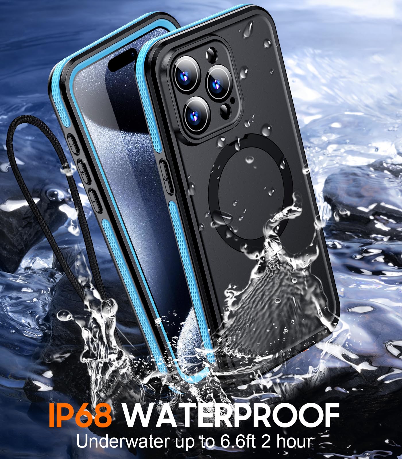 Temdan Magnetic For Iphone 15 Pro Case Waterproof,[Ip68 Underwater] [Built In Ring Invisible Stand & Screen Protector][Drop Resi