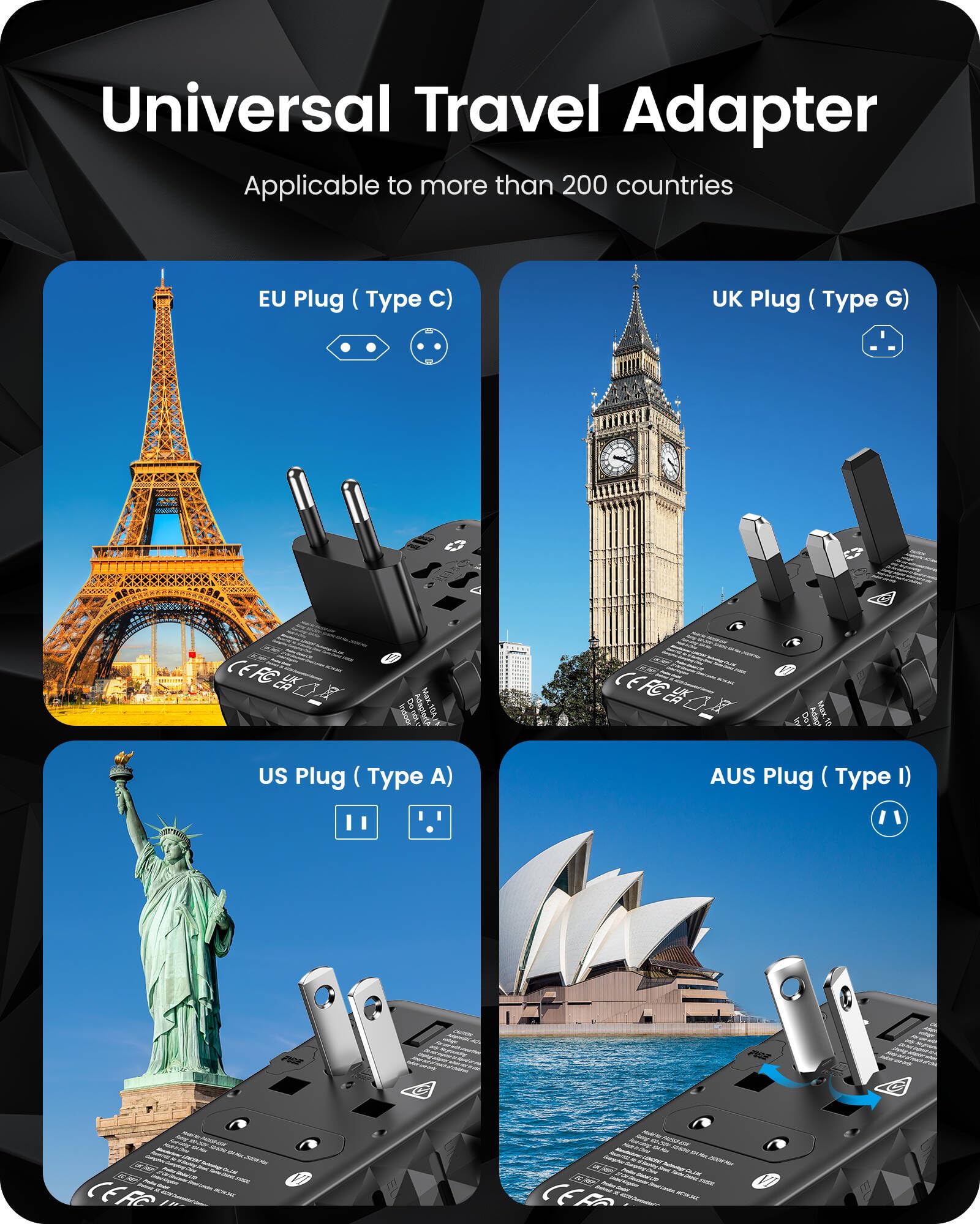 Lencent 65W Gan International Travel Adapter With 2 Usb A & 3 Type C Ports, Fast Charger For Phones & Laptops, Worldwide Plug Ad