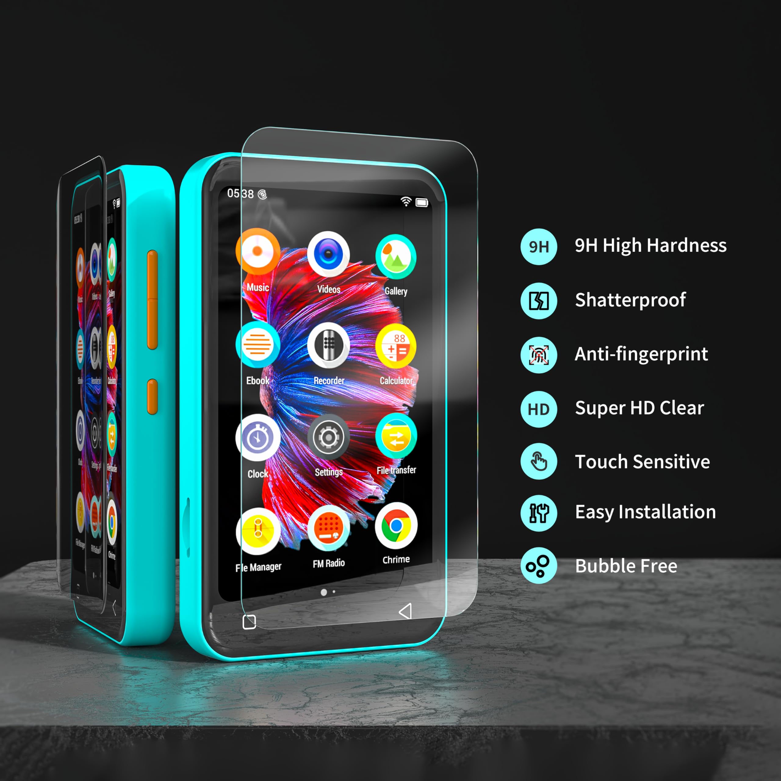 Timmkoo 3 Pack Screen Protector Q3E And Q5 Q8 Mp3 Player, Anti Scratch, Hd Clear Tempered Glass Film With Easy Installation Frame