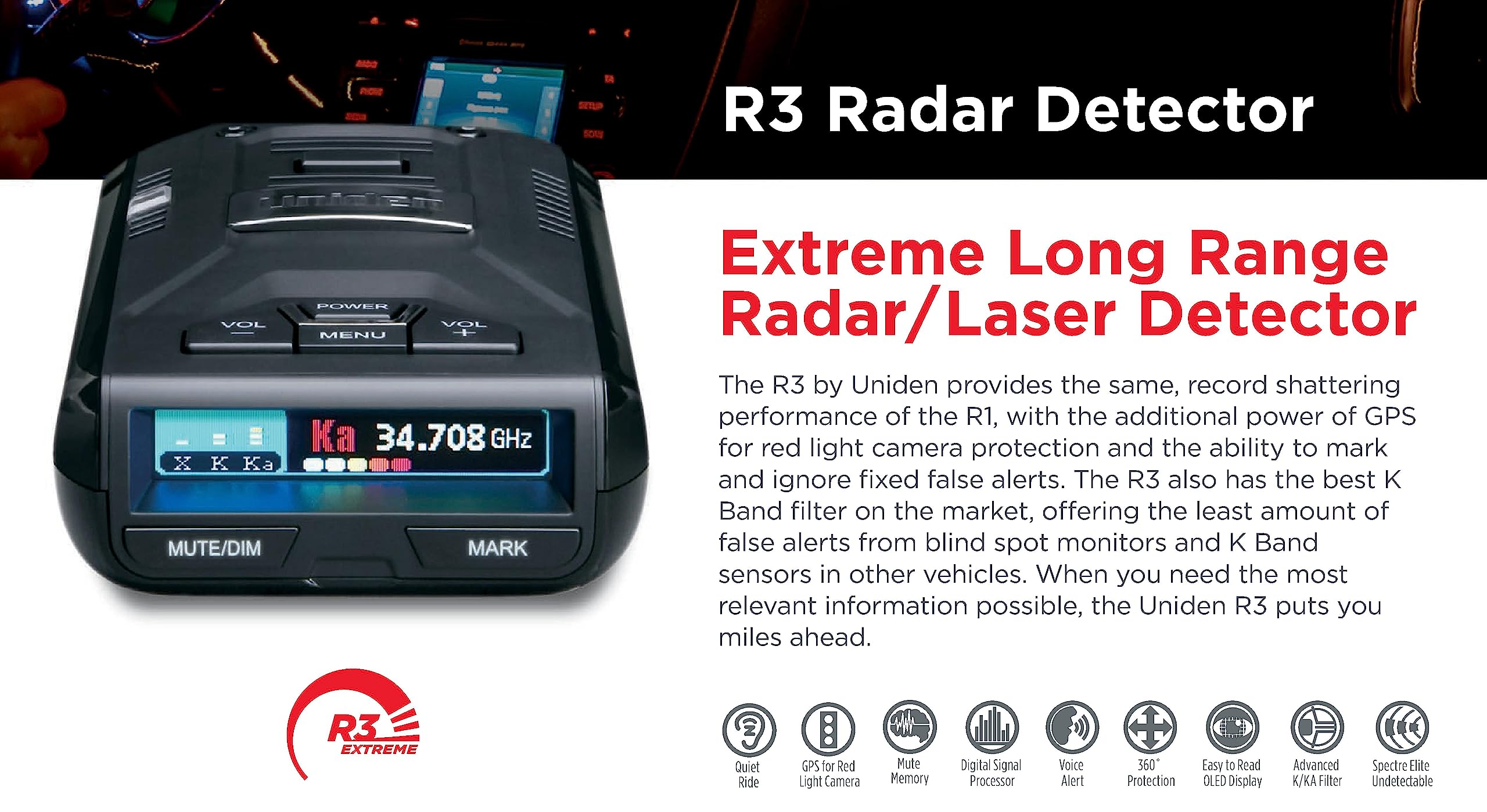 Uniden R3 Extreme Long Range Laser/Radar Detector, Record Shattering Performance, Built In Gps W/ Mute Memory, Voice Alerts, Red