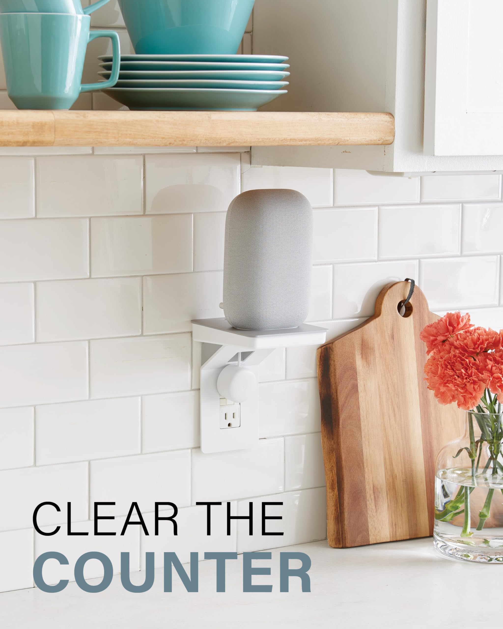 Sanus Made For Google Small Device Outlet Shelf In White & Fog Grey   Holds Small Electronics Up To 8Lbs W/Built In Cord Storage