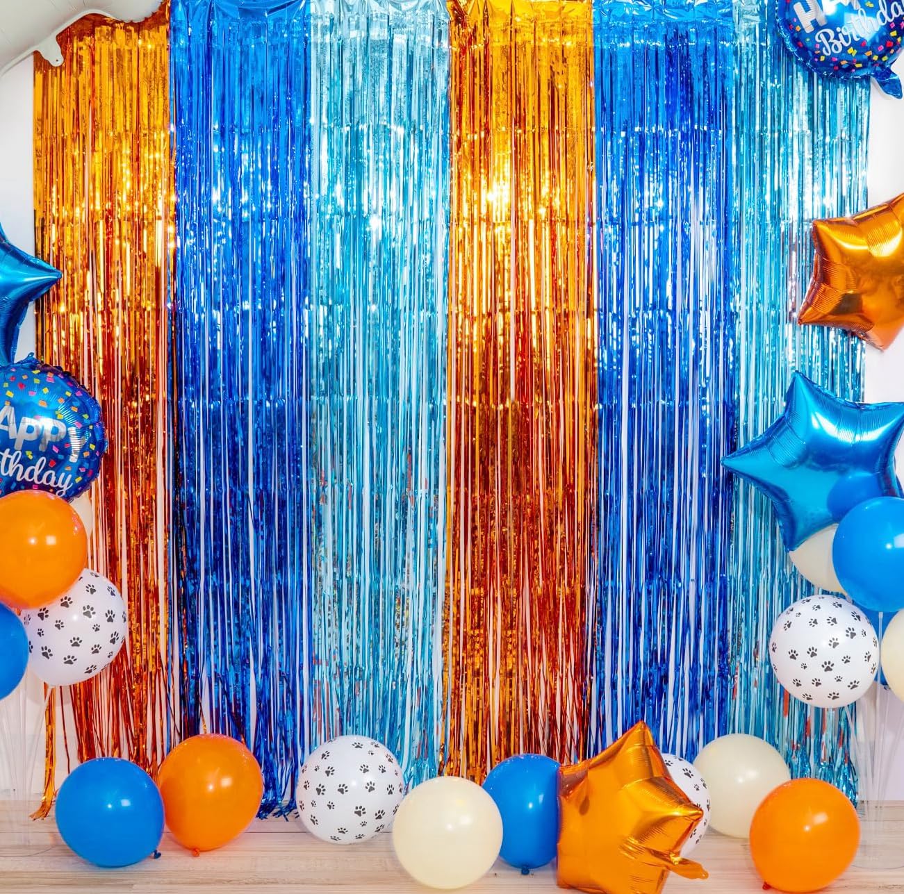 Blue Dog Birthday Party Supplies, Blue Dog Foil Fringe Curtains, 2 Packs Orange Blue & Light Blue Tinsel Metallic Streamers, Pho
