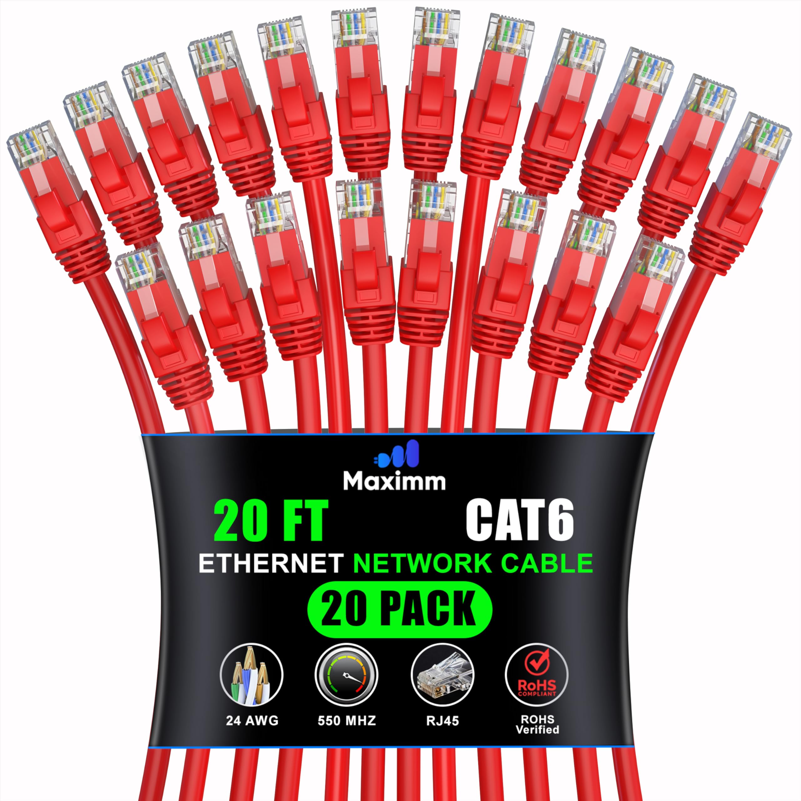 Maximm Cat 6 Ethernet Cable 20 Ft (20 Pack)   High Speed Lan Cable, Internet Cable, Patch Cable, And Network Cable   Utp, 10Gbps, 550Mhz Ethernet Cord   Red