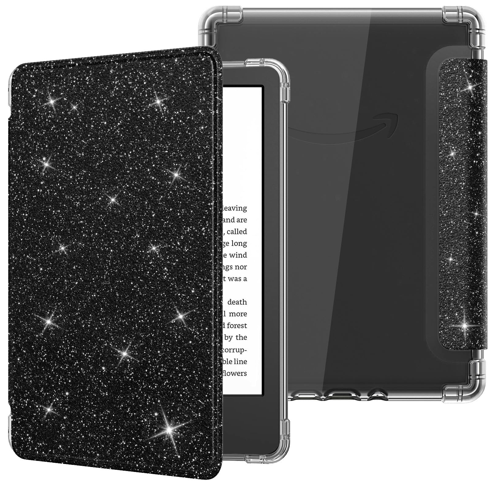 MoKo Case for 6' All New Kindle (11th Generation 2024/2022 Release), Ultra Clear Soft Flexible Transparent TPU Back Cover with Auto Wake/Sleep for Kindle 11th Generation 2024, Black & Glitter