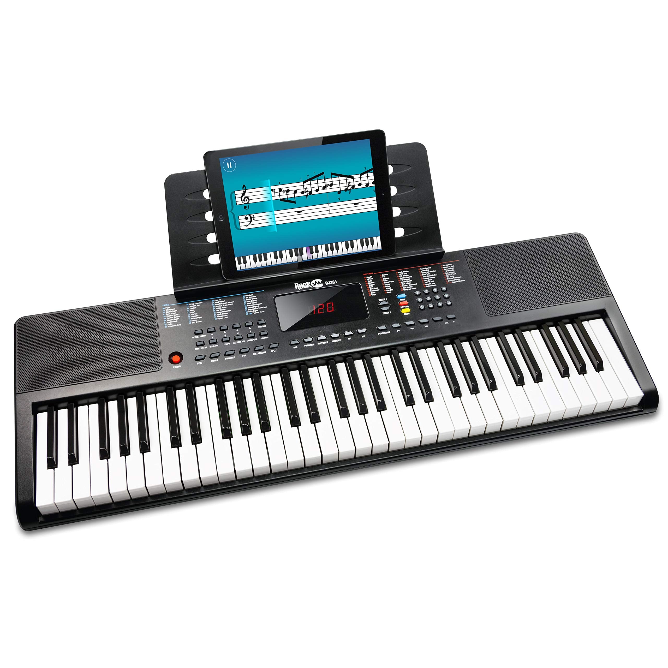 Rockjam Compact 61 Key Keyboard With Sheet Music Stand, Power Supply, Piano Note Stickers & Simply Piano Lessons