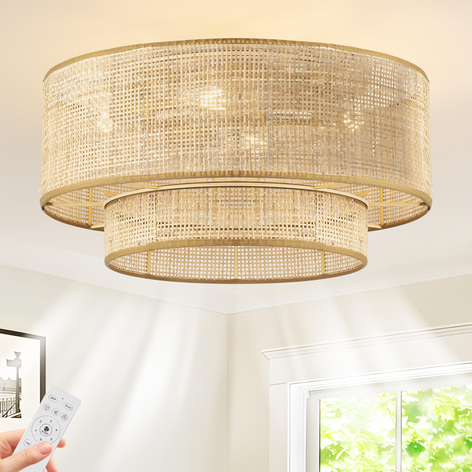 XYLLIFY Boho Caged Ceiling Fans with Lights,Rattan Fandelier Ceiling Fans with Lights and Remote Control, Coastal Enclosed Flush
