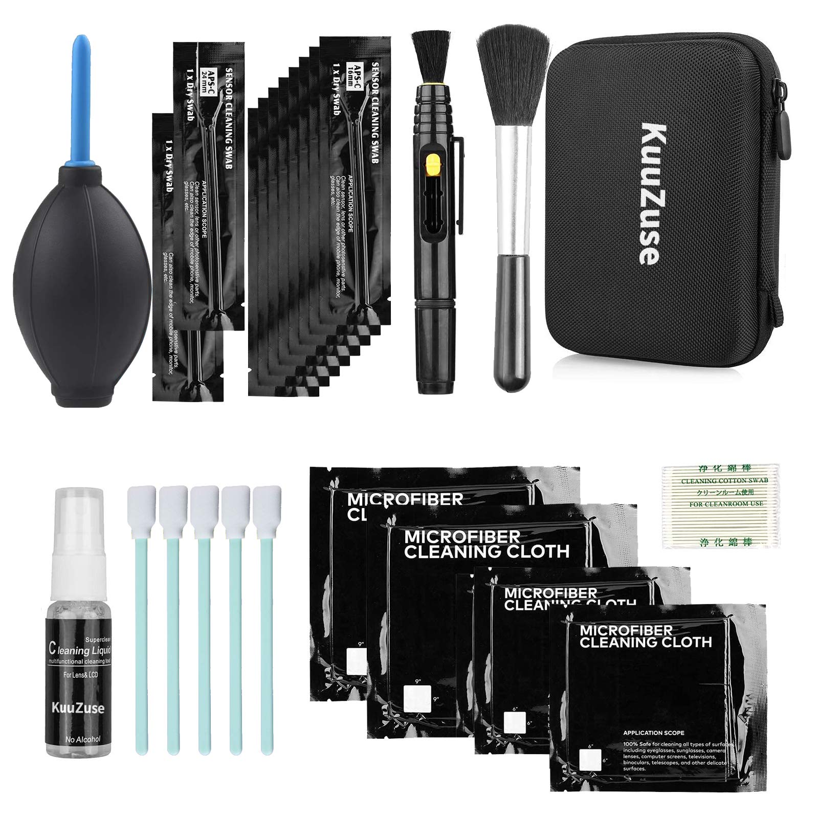 Kuuzuse Professional Dslr Camera Cleaning Kit With Aps C Cleaning Swabs, Microfiber Cloths, Camera Cleaning Pen, For Camera Lens