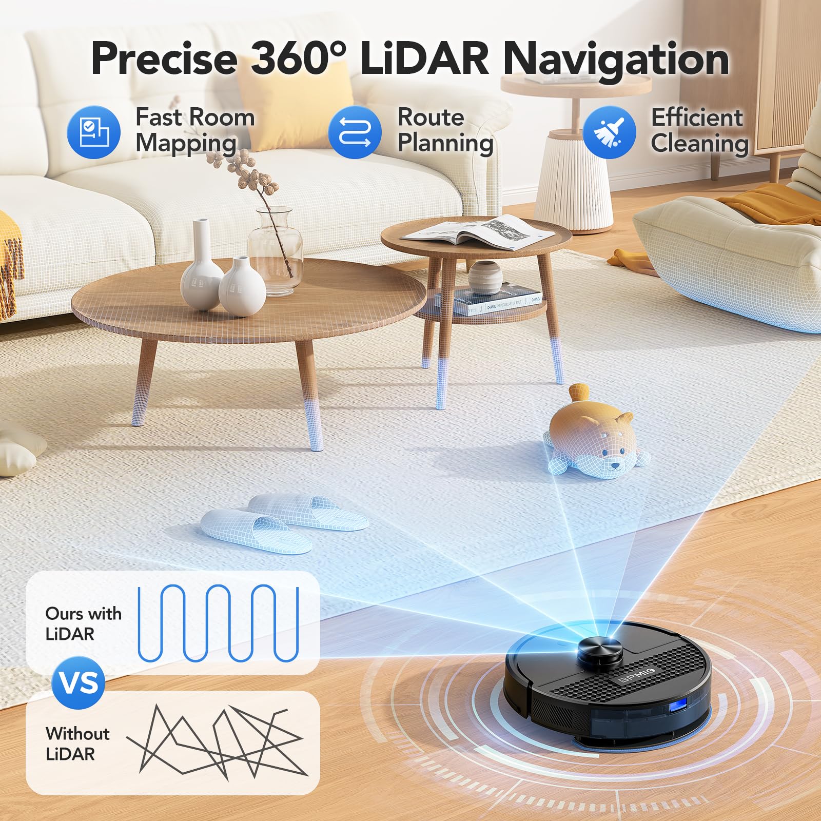 Bpmio Robot Vacuum And Mop Combo 4500Pa Max Suction With Lidar Navigation Smart Mapping, 145 Min Runtime Customized Cleaning Sch