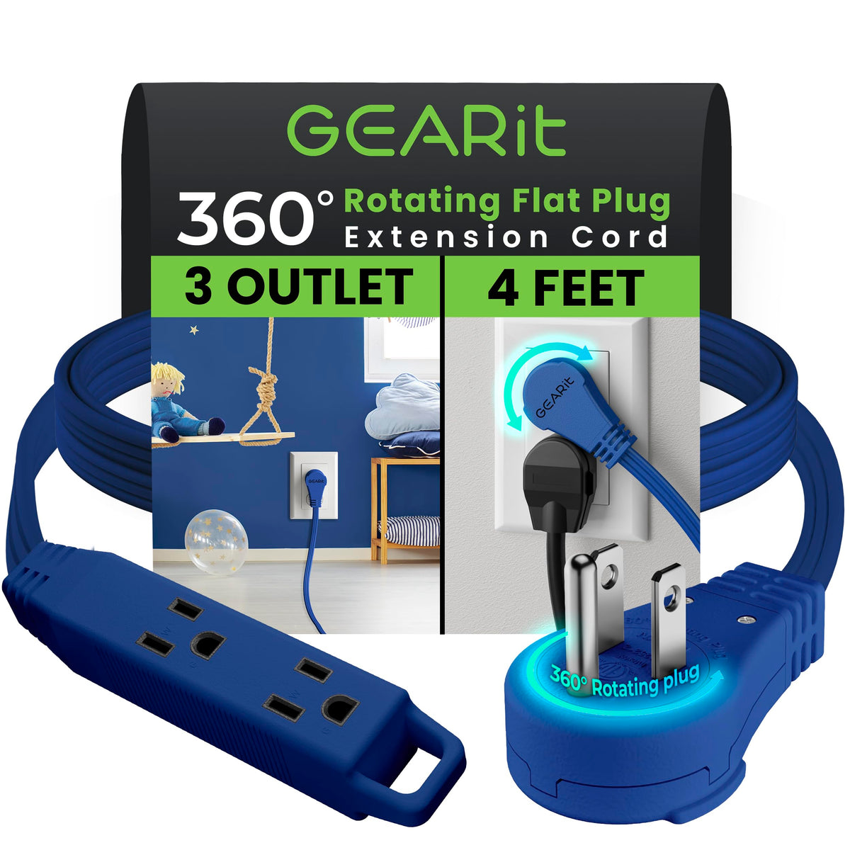 Gearit 360 Rotating Flat Plug Short Extension Cord With 3 Outlets (4Ft, Navy) 16Awg/13A 3 Prong Wire, Outlet Saver For Home Offi