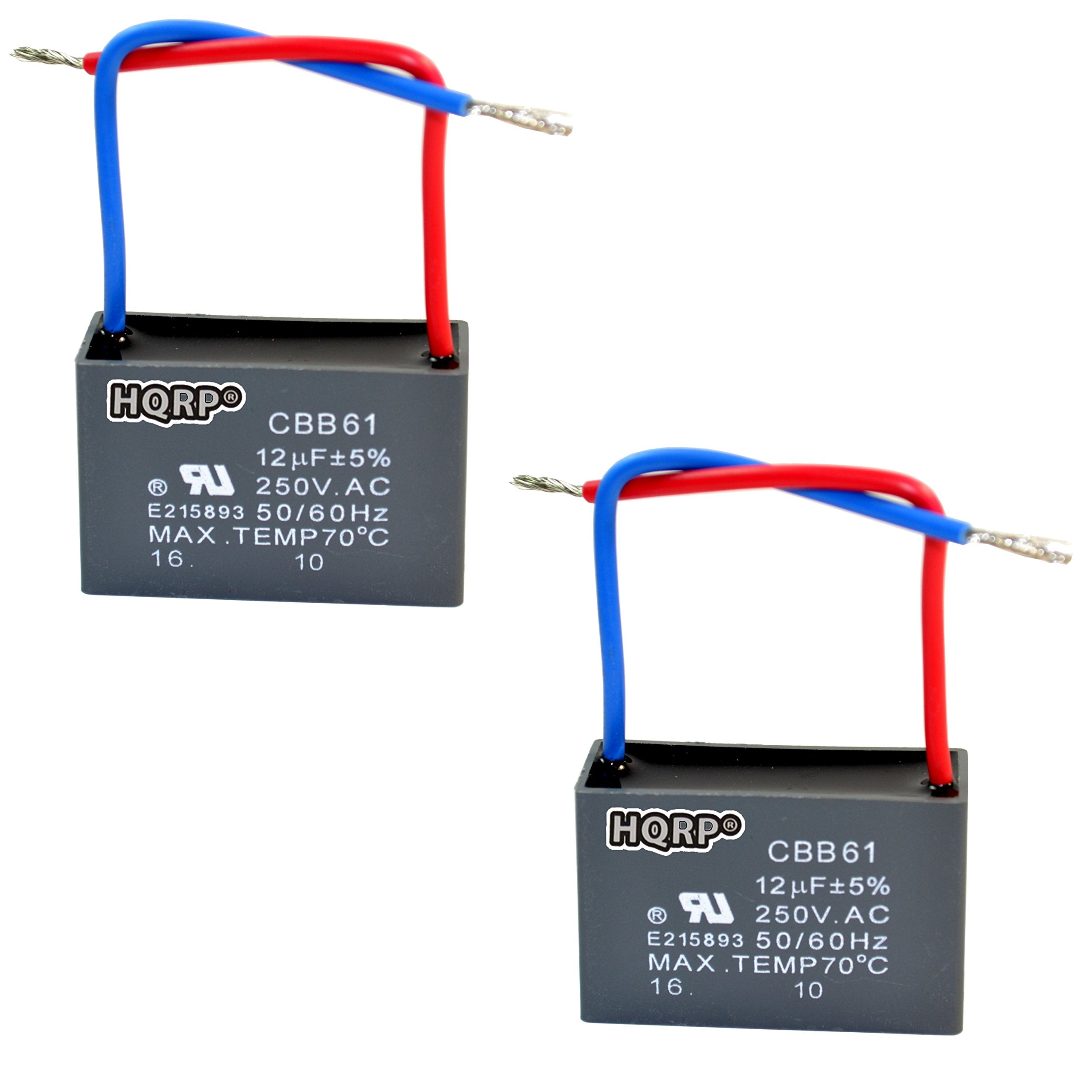 Hqrp 2 Pack Ceiling Fan Capacitor Cbb61 12Uf 2 Wire Ul Listed