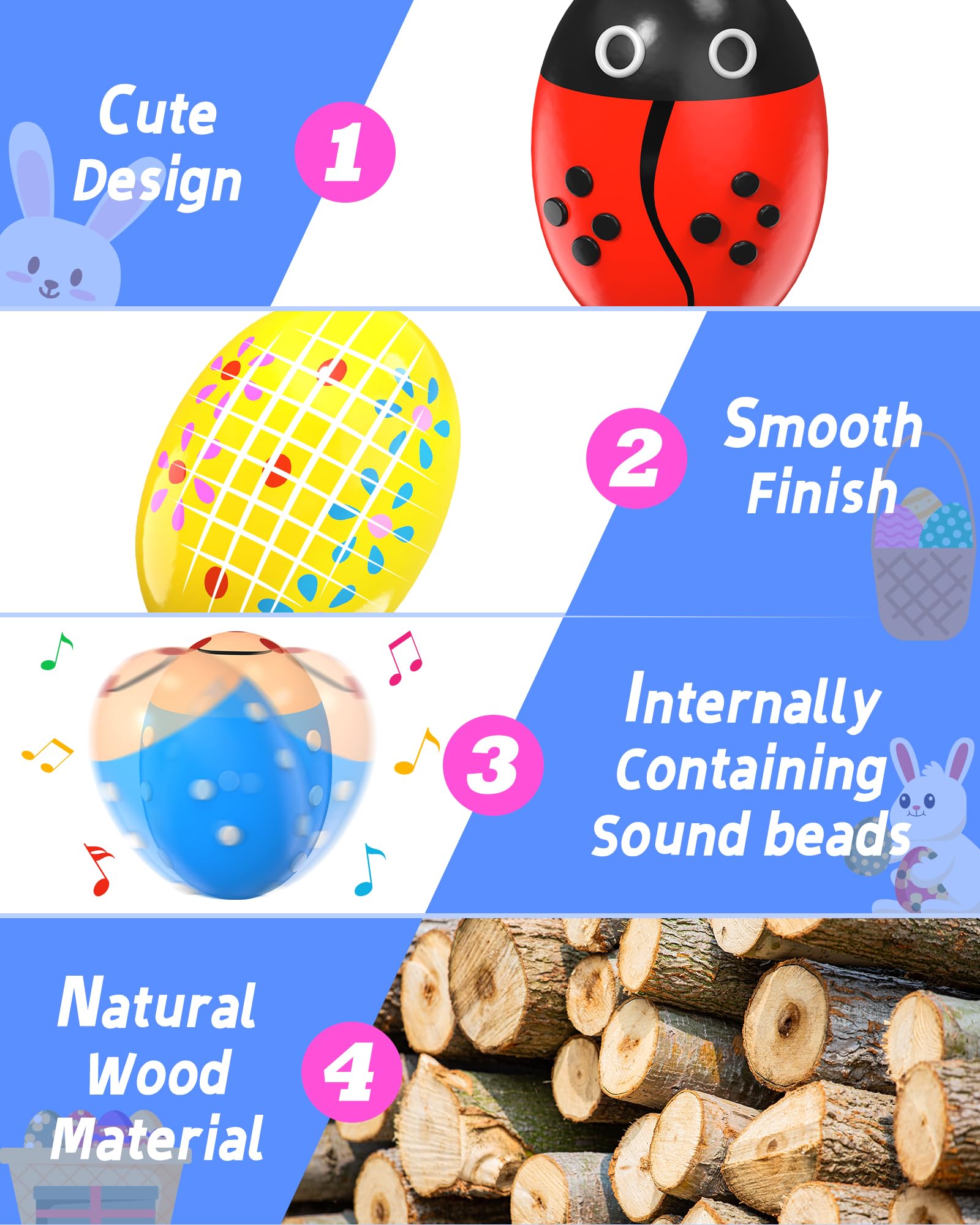 12 Pack Wooden Percussion Musical Shaker Prefilled Easter Eggs With Toys Inside Filled, Toddlers Easter Basket Stuffers Egg Fill