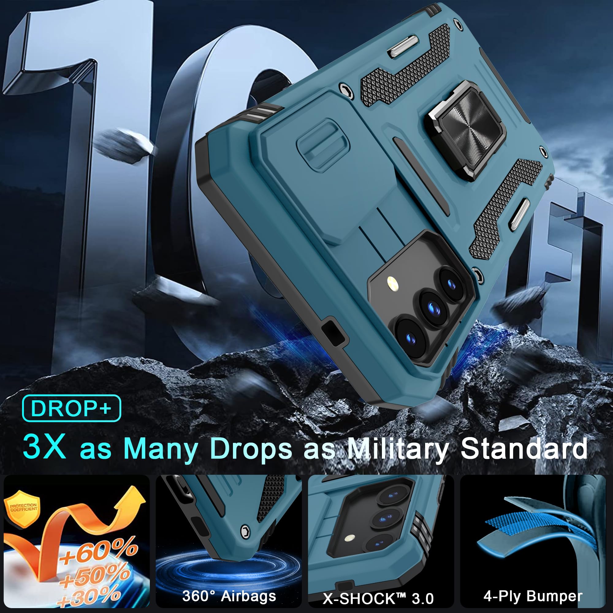 Deerlamn Case For Samsung Galaxy S24+ Plus With Slide Camera Cover+Screen Protector (1 Pack), Rotated Ring Kickstand Military Gr