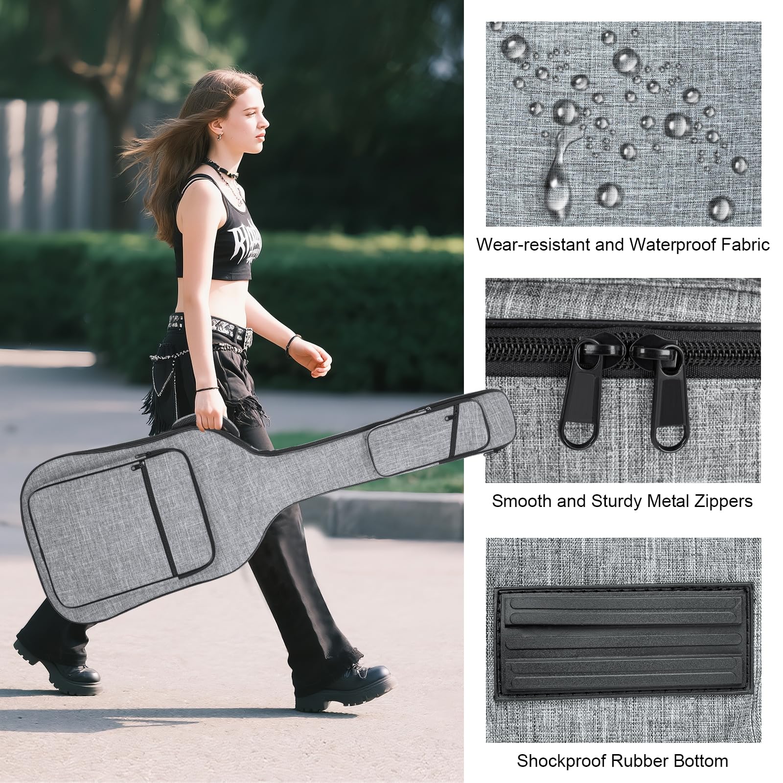 Muscab 47 Inch Bass Gig Bag 11Mm Padding Electric Bass Guitar Bag, Bass Guitar Case Backpack With Neck Strap And 4 Pockets, Grey