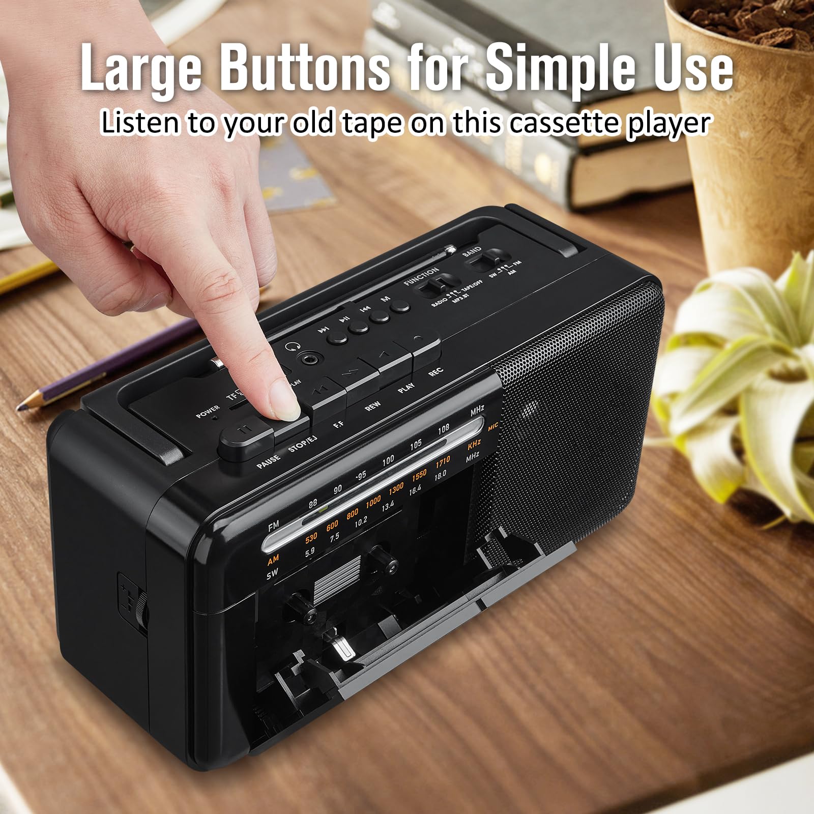 Gelielim Cassette Tape Player Bluetooth Boombox, Cassette Player Am/Fm/Sw Radio Stereo, Tape Player/Recorder With Big Speaker An