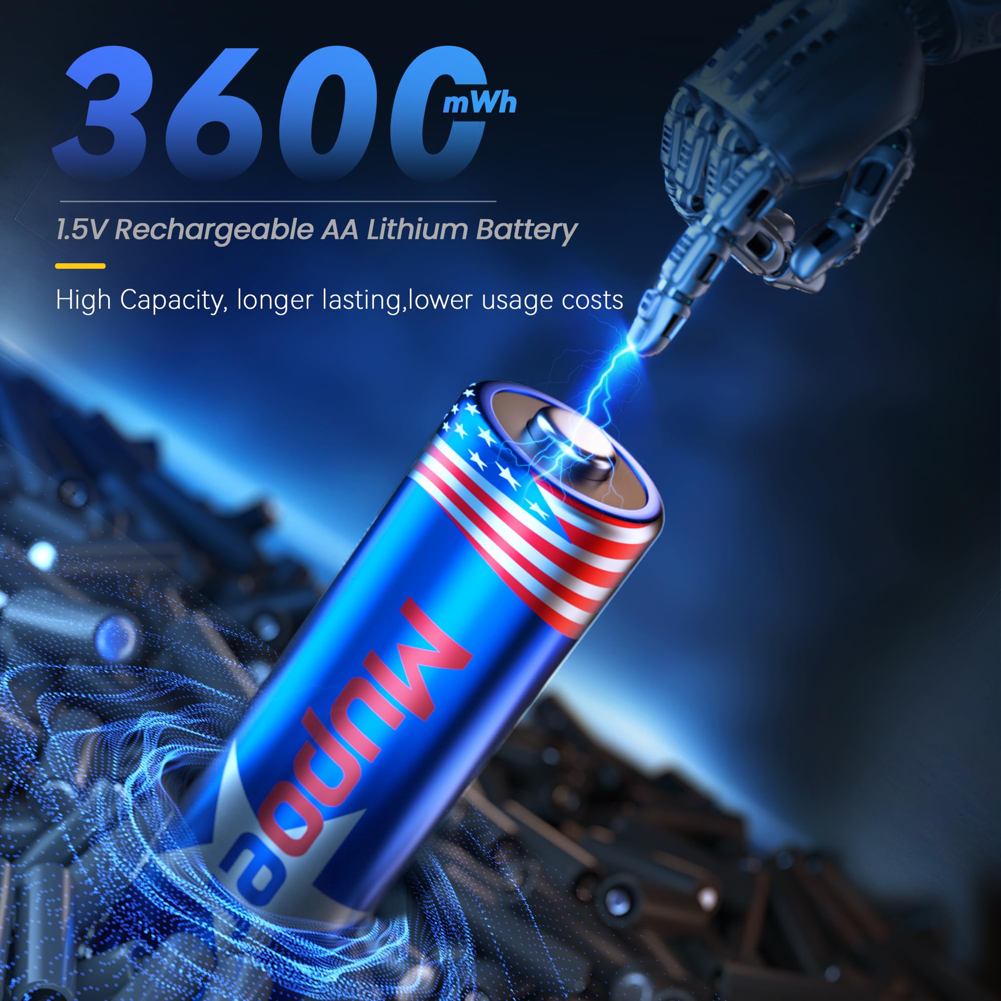 Mupoer Rechargeable Aa Batteries 4 Count,Lithium Battery A 1.5V 3600Mwh,Double A Rechargeable Battery,Pilas Recargables Aa,Li Io