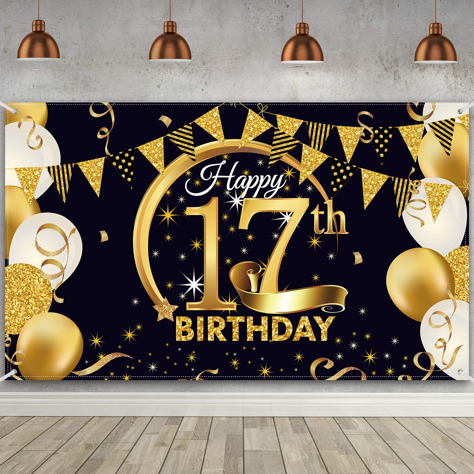 17Th Birthday Party Decoration, Extra Large Fabric Black Gold Sign Poster For 17Th Anniversary Photo Booth Backdrop Background B