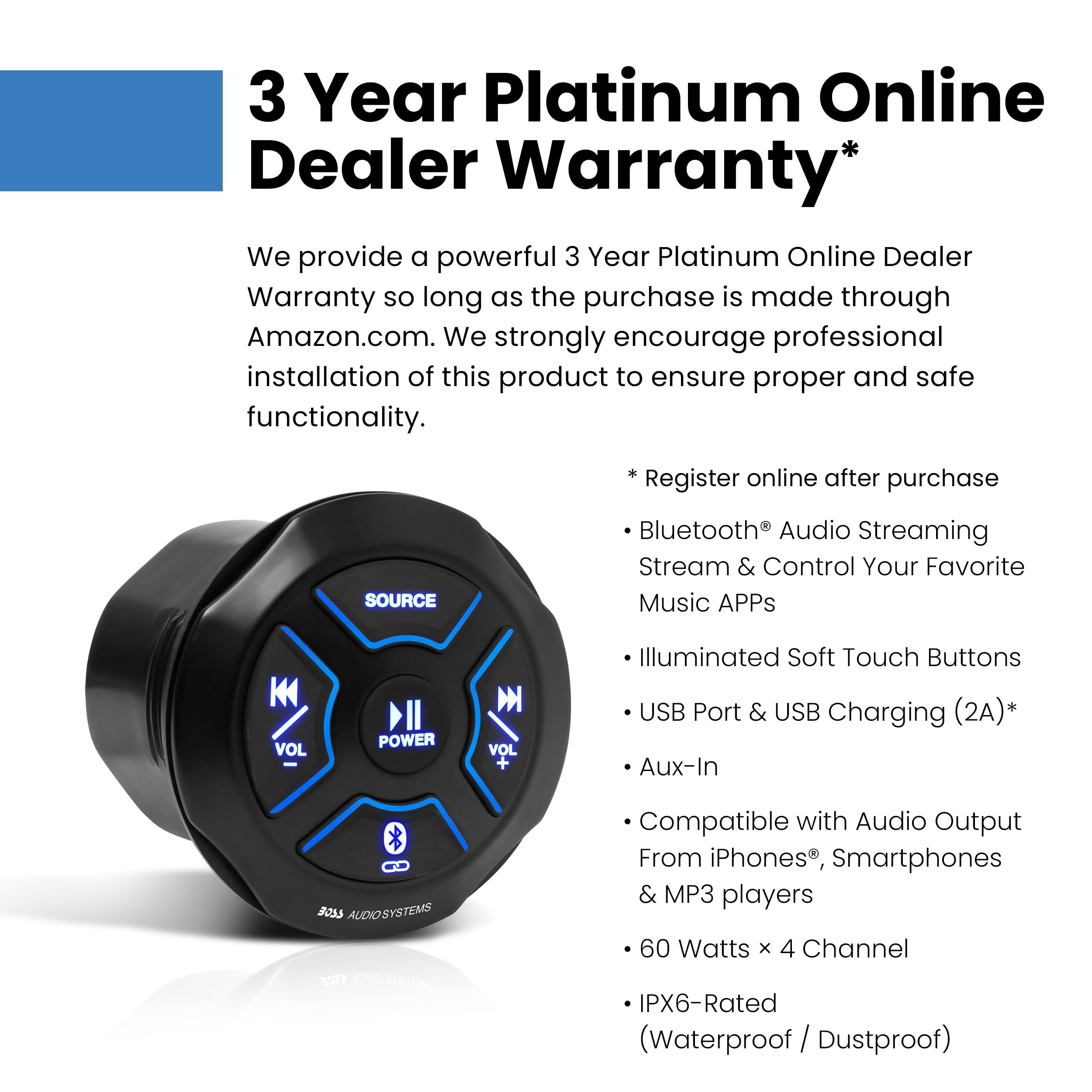 Boss Audio Systems Mgr250B Bluetooth Marine Radio Gauge Receiver, Built In Amplifier, Ipx6 Rated, Usb Port + Usb Charging