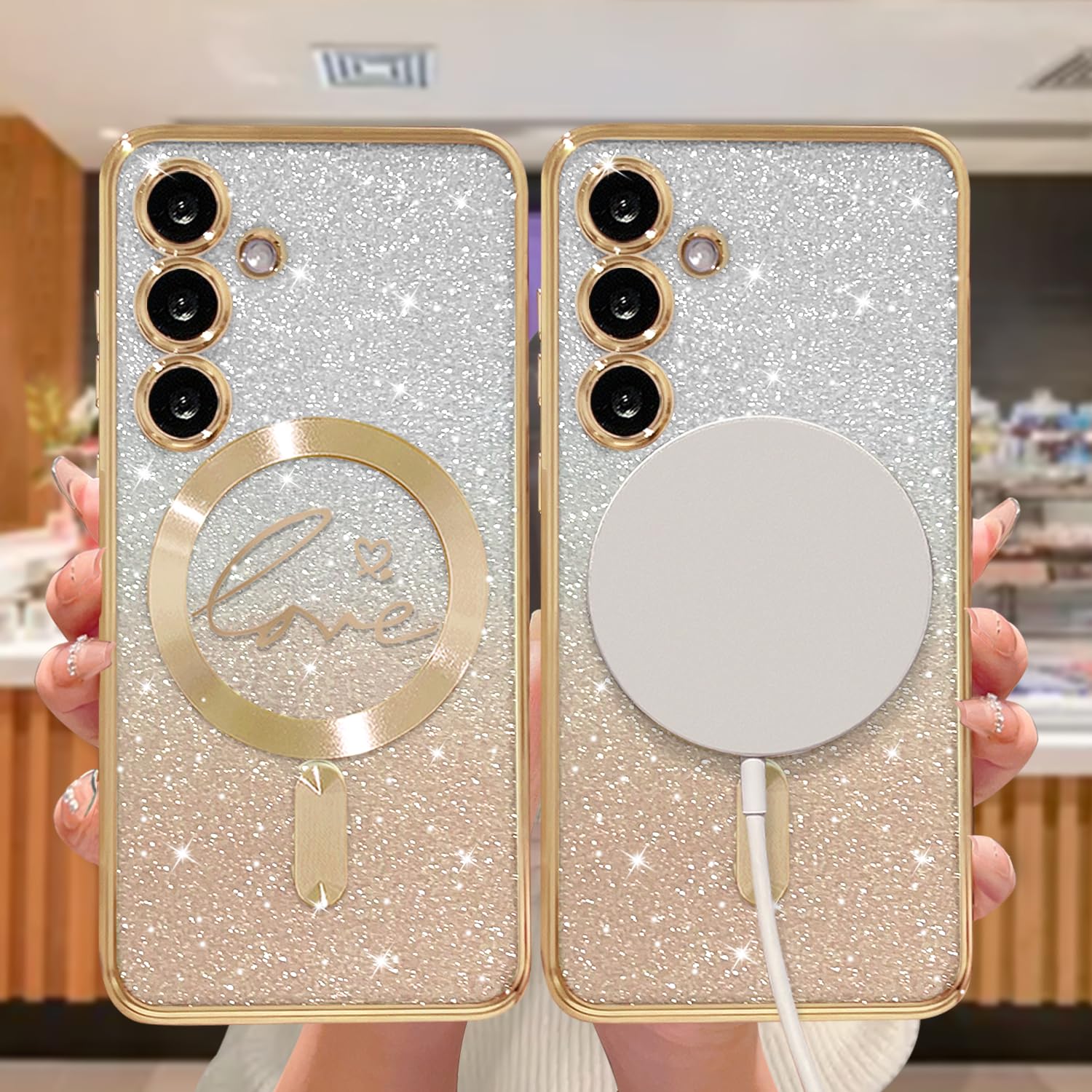 Zonrw For Samsung Galaxy S24 Case Magnetic,For Women Girl Soft Cute Luxury Love Heart Plating Bling Glitter Gradient Clear Phone