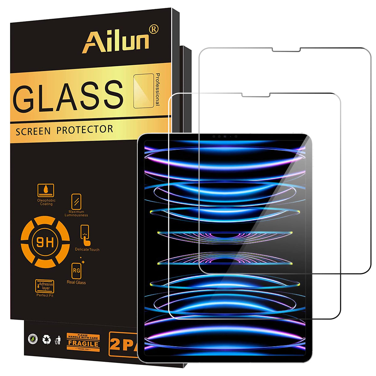 Ailun 2 Pack Screen Protector For Ipad Pro 12.9 Inch Display [2022 & 2021 & 2020 & 2018 Release] Tempered Glass [Face Id & Apple
