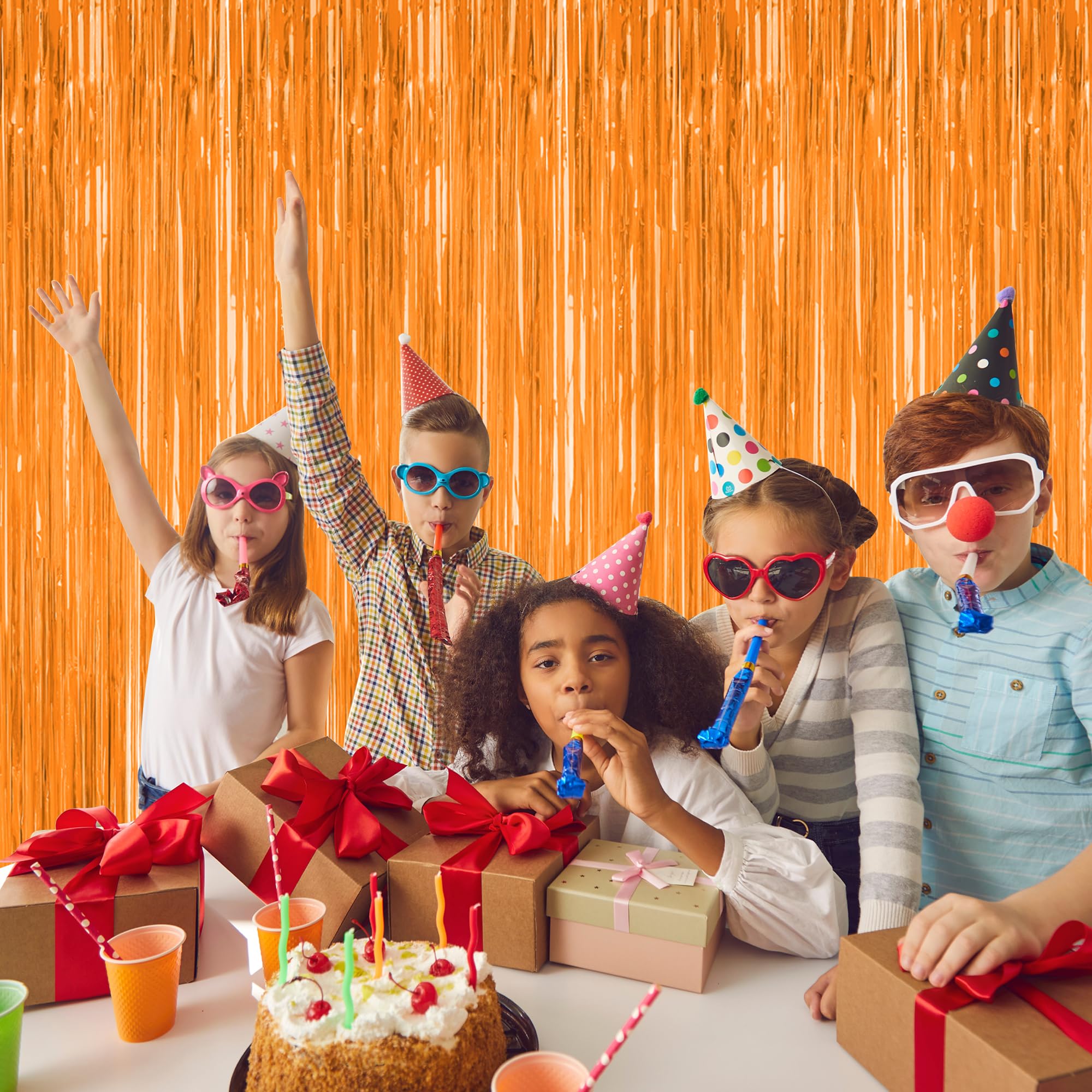 2 Pack Backdrop Curtains, 3.28 Ft X 7.05 Ft Orange Color Tinsel Backdrop, Metallic Party Streamer Fringe Curtains, Foil Curtains