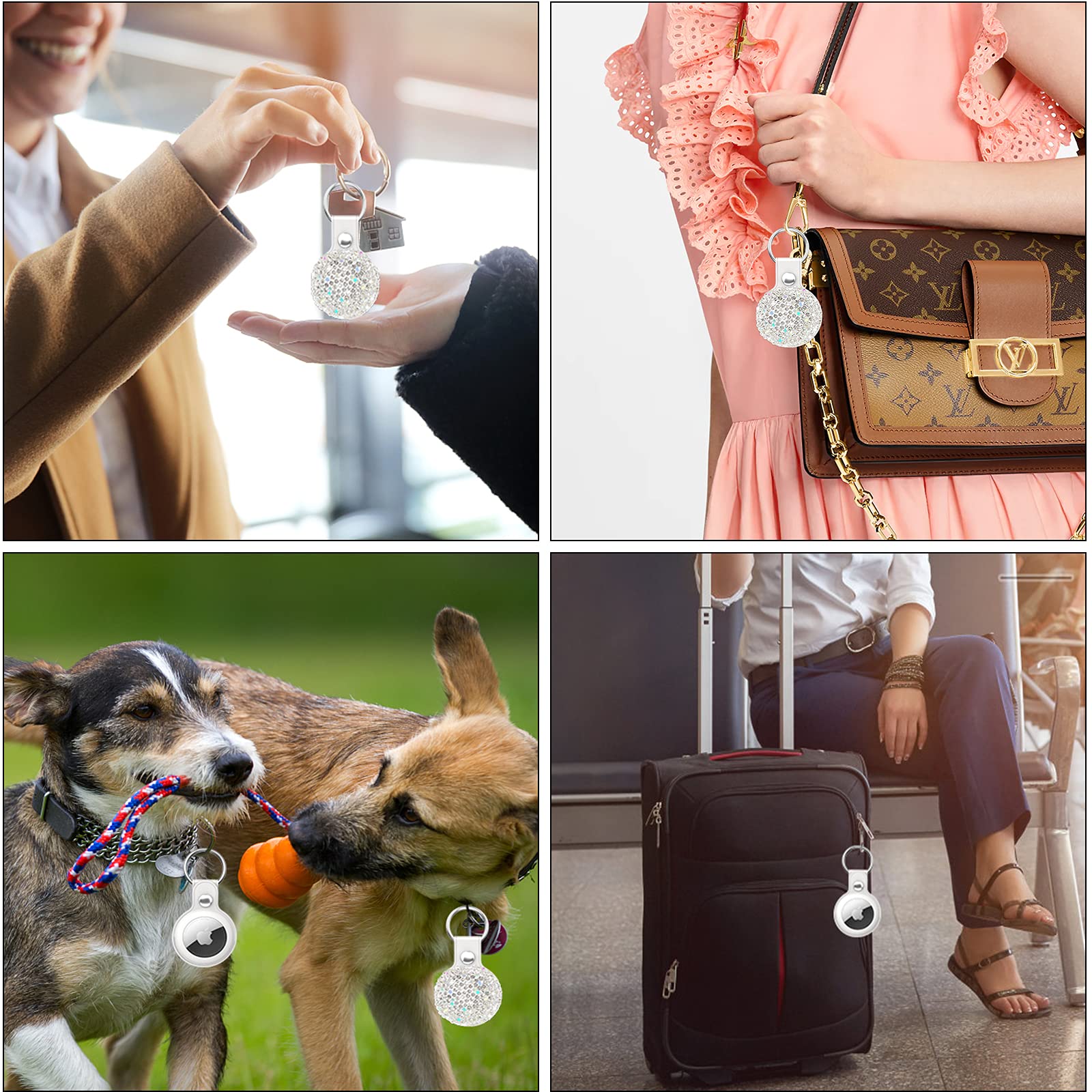 Qearfun Bling Diamond Apple Airtag Case, Sparkly Leather Airtag Keychain Holder With Shiny Rhinestone, Glitter Girly Fancy Apple