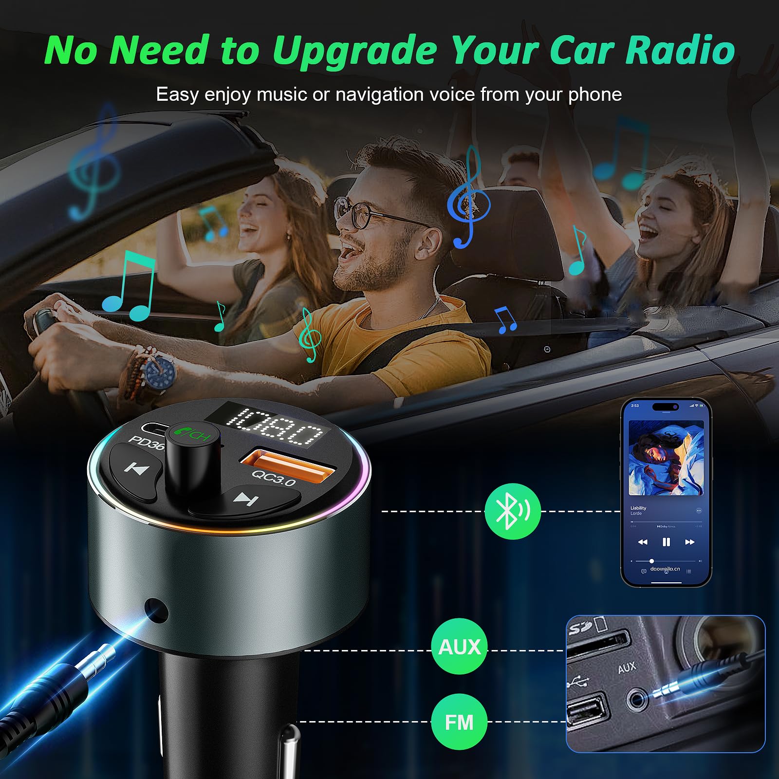 Bluetooth 5.3 Fm Transmitter Car Adapter   Soarun Fast Car Charger 54W [Pd 36W & Qc3.0 18W], Wireless Fm Radio Transmitter, 9 Co