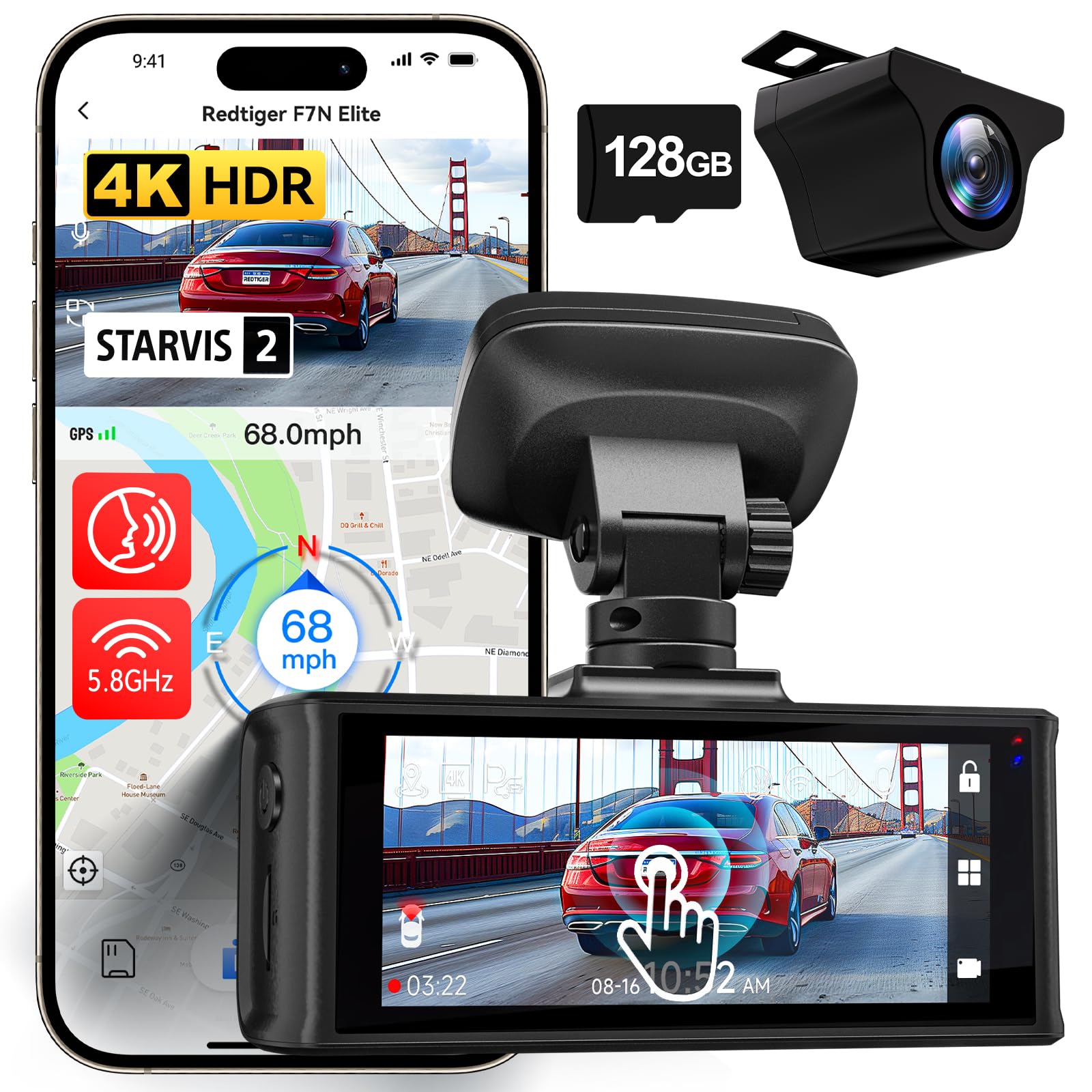 Redtiger 4K Hdr Dash Cam Front And Rear, Starvis 2 Sensor, 5.8Ghz Wifi App, 3.18'' Touchscreen, Voice Control, 128G Card Include