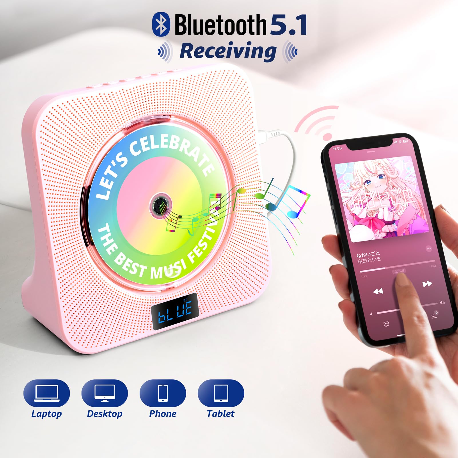 Desktop Cd Player With Speakers, Roadom Bluetooth Cd Player With Hi-Fi Stereo Sound, Remote Control, Supports Cd/Bluetooth/Fm Ra