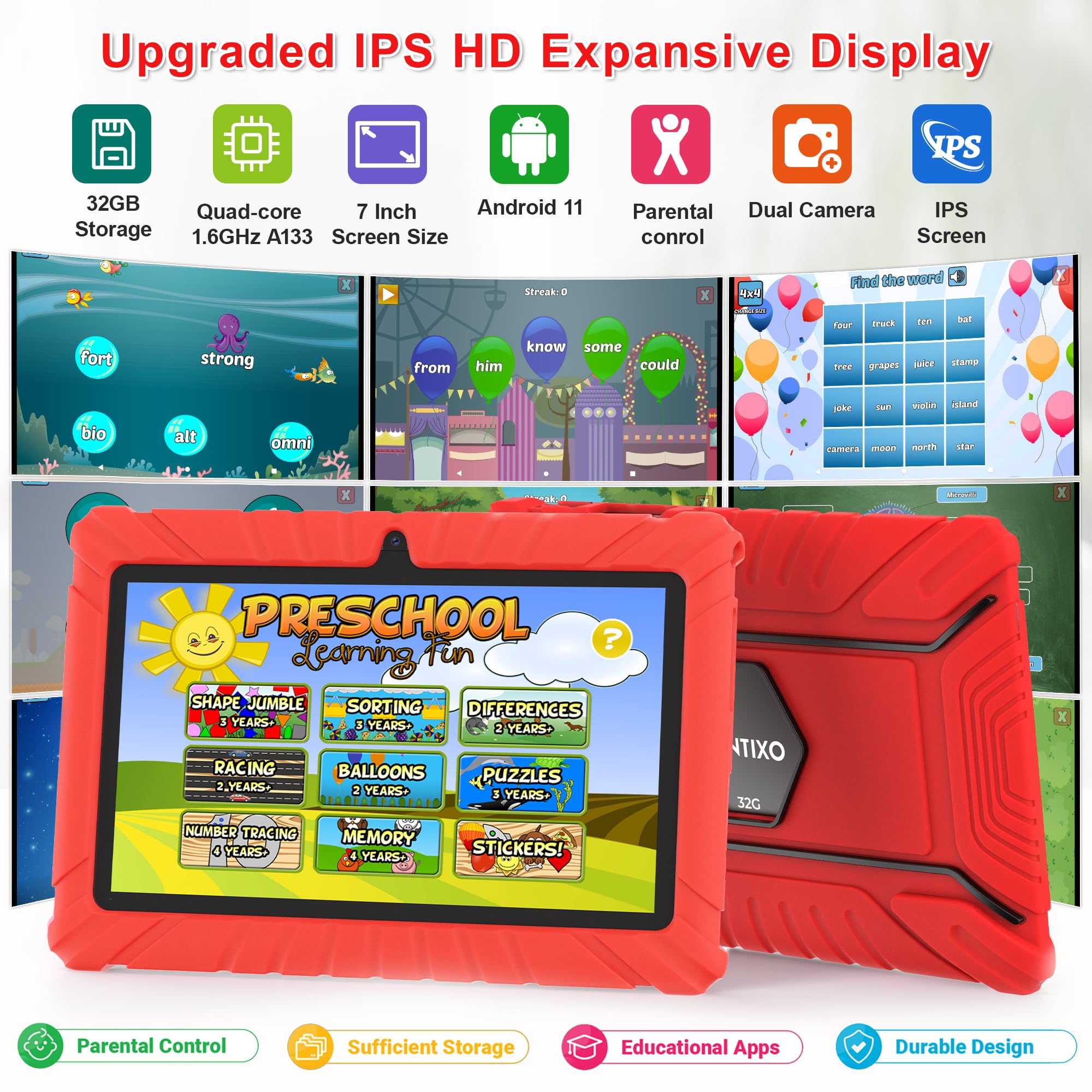 Contixo Kids Tablet V8 7 Inch Hd, Ages 3 7, Toddler Tablet With Camera, Parental Control   Android 11, 32Gb, Wifi, Learning Tablet For Kids, Red