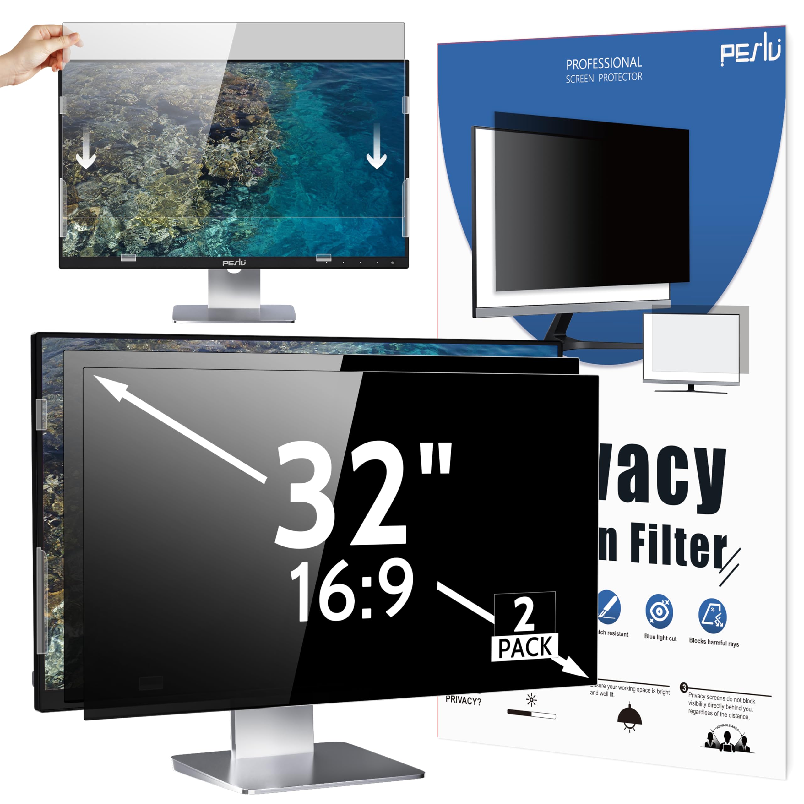 Peslv 2 Pack 32 Inch Computer Privacy Screen For 16:9 Widescreen Monitor, 32Inch Removable Anti Blue Light Glare Eye Protection 