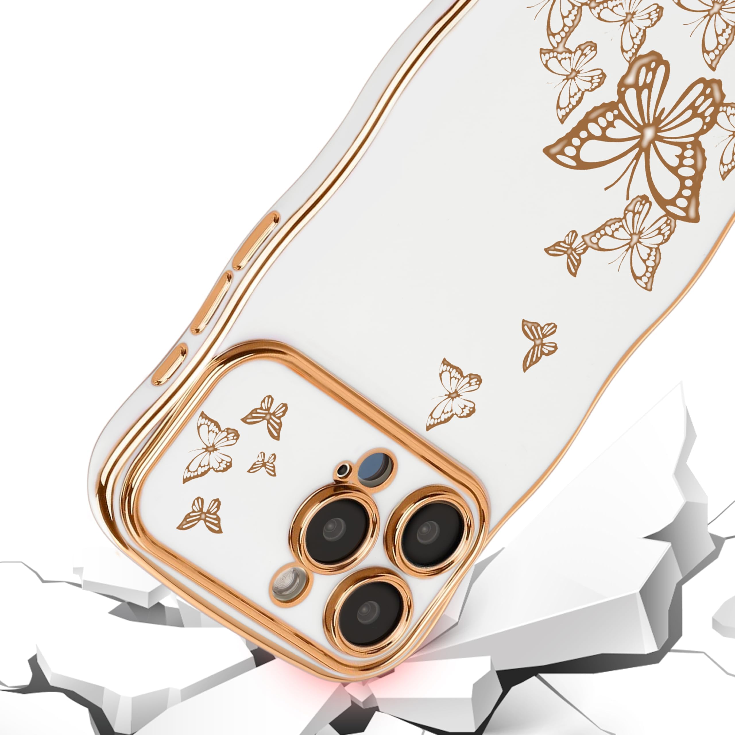 Ztofera For Iphone 13 Pro Max Case For Girl Women, Cute Curly Wave Frame With Luxury Plating Butterfly Pattern, Soft Tpu Shockpr