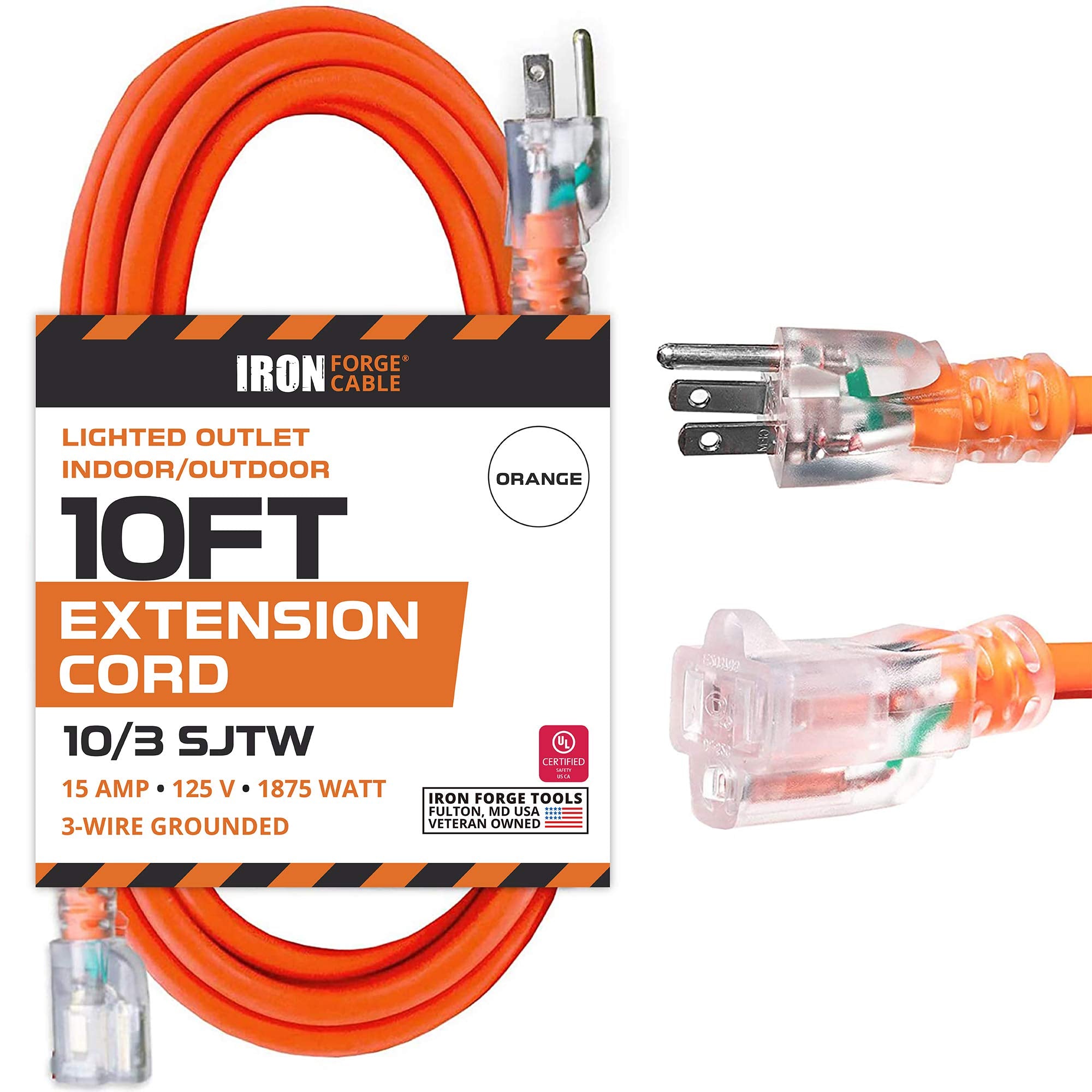 Iron Forge Cable 10 Gauge Extension Cord 10 Ft, 10/3 Heavy Duty Extension Cord 10 Foot 3 Prong Lighted End, Sjtw Weatherproof Or