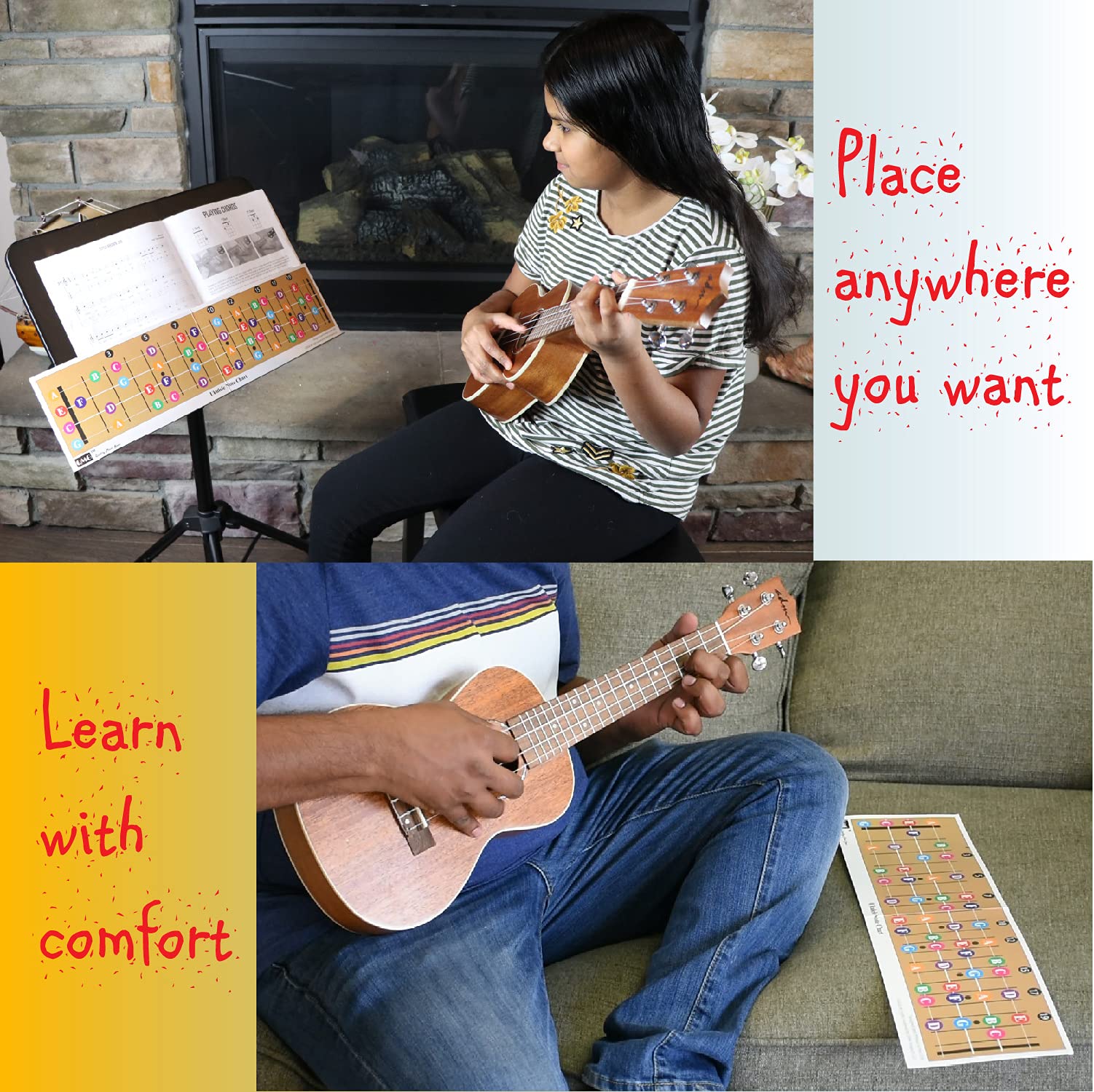 Color Coded Ukulele Guitar Fretboard Note Chart Learn To Play Guitar And Music Theory, Suitable For All Levels, Made In Usa
