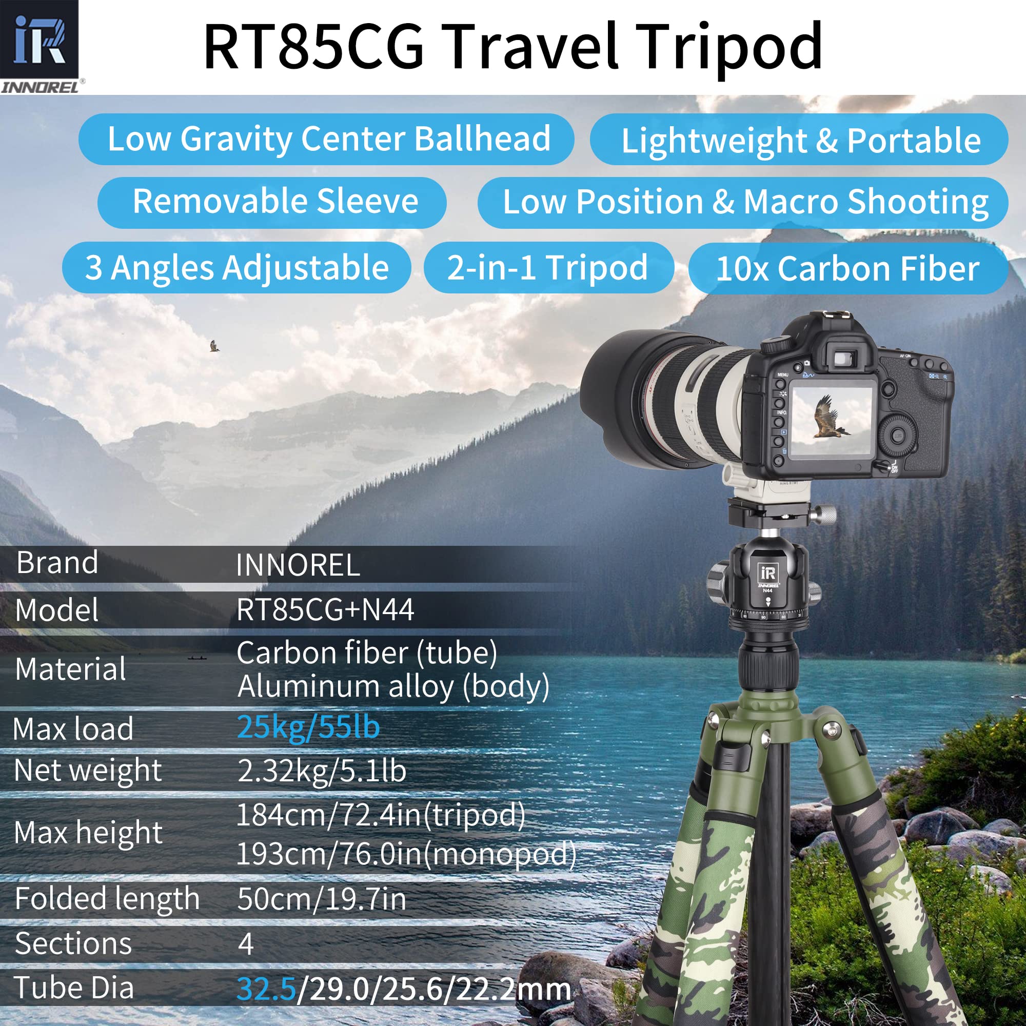 Carbon Fiber Tripod Innorel Rt85Cg Super Professional Stand With Low Gravity Center 360� Panoramic Ballhead And Green Camouflage Leg Covers For Digital Dslr Camera