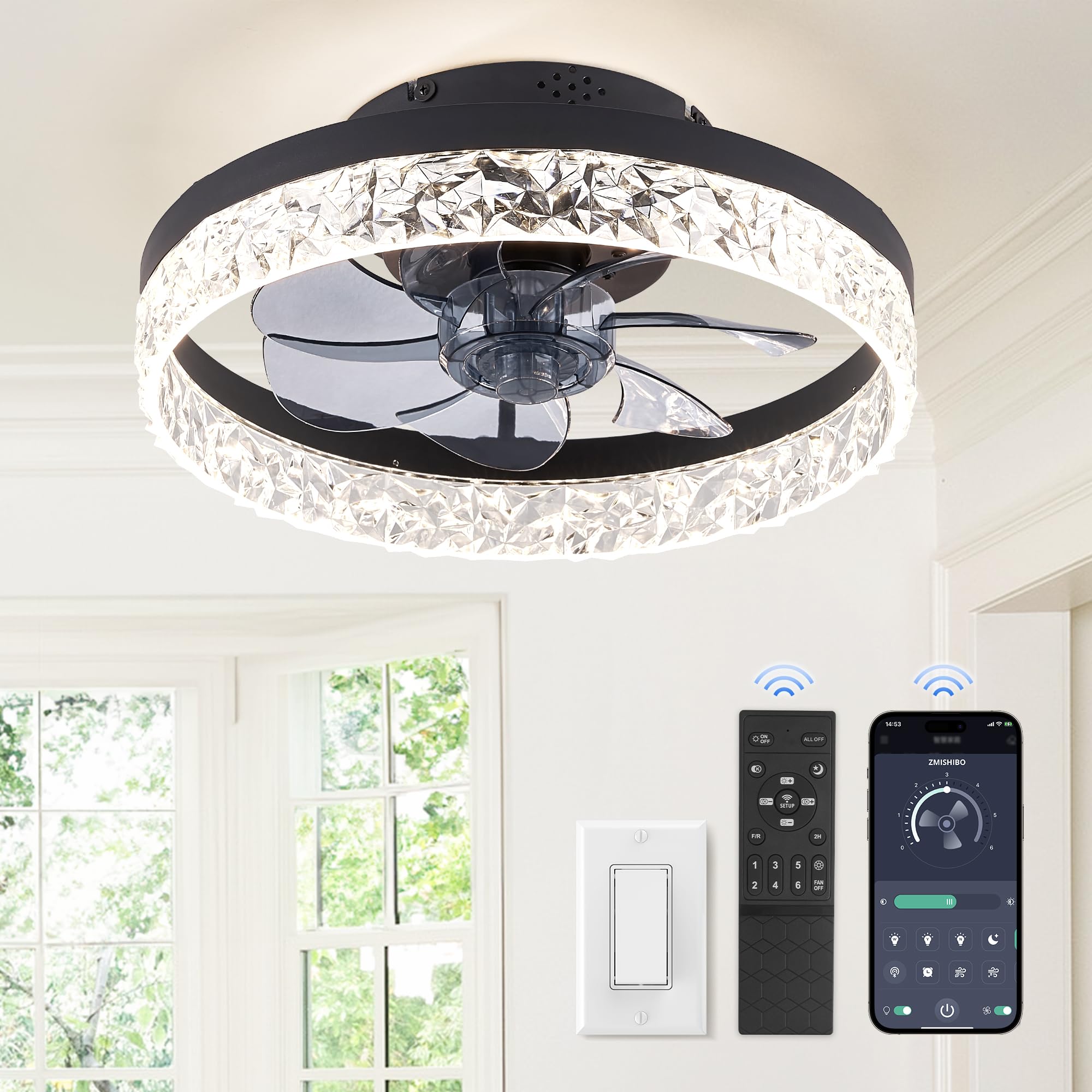 ZMISHIBO Ceiling Fans with Lights, Low Profile Ceiling Fan with Light and Remote, Flush Mount Ceiling Fan, Reversible, Dimmable,