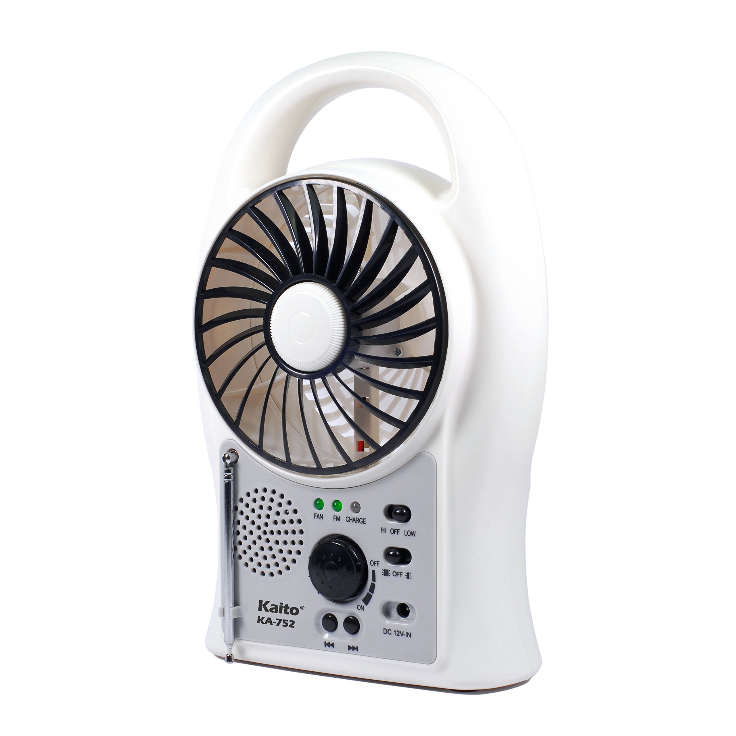 Kaito Portable Electric Fan 3-In-1 Ka752 Rechargeable 5 2-Speed Battery-Powered Personal Fan With Scan Fm Radio & 24-Led Camping