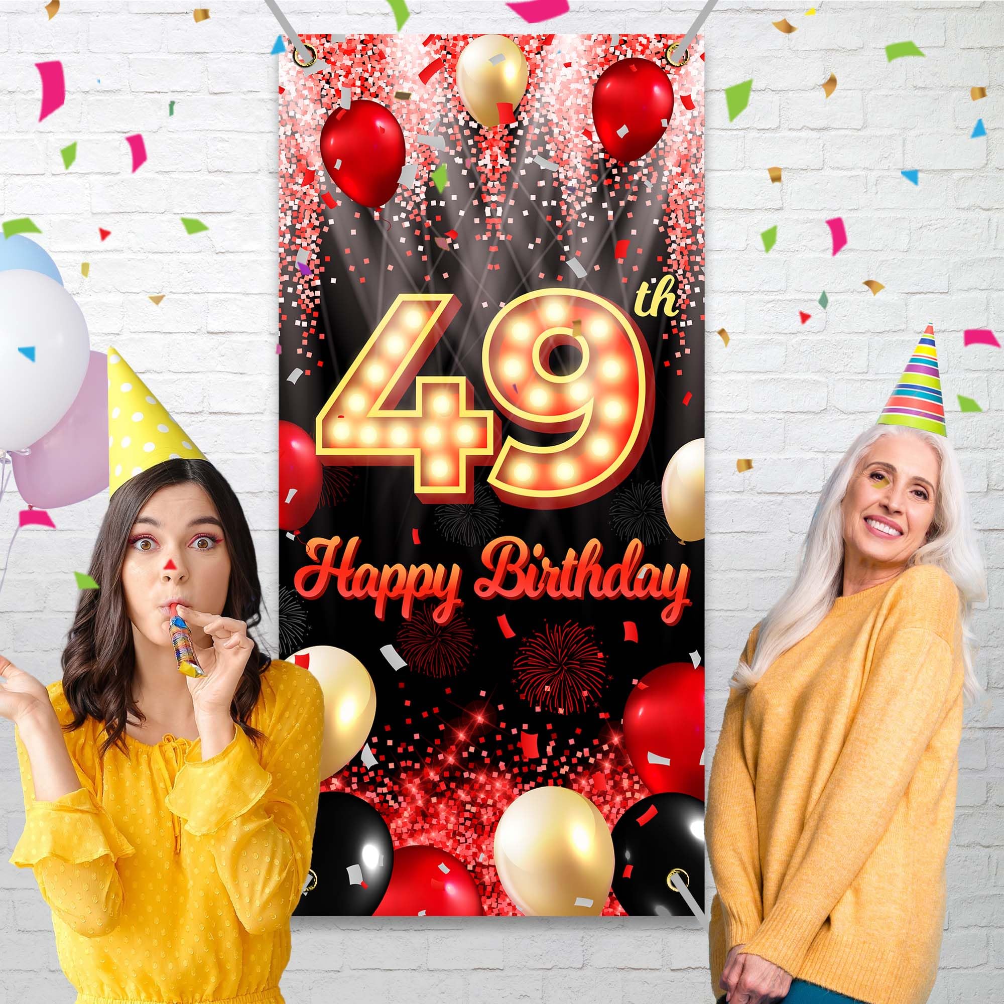 Happy 49Th Birthday Backdrop Banner Black And Red Theme Background With Neon Shiny Fashion Birthday Party Photo Photography Prop