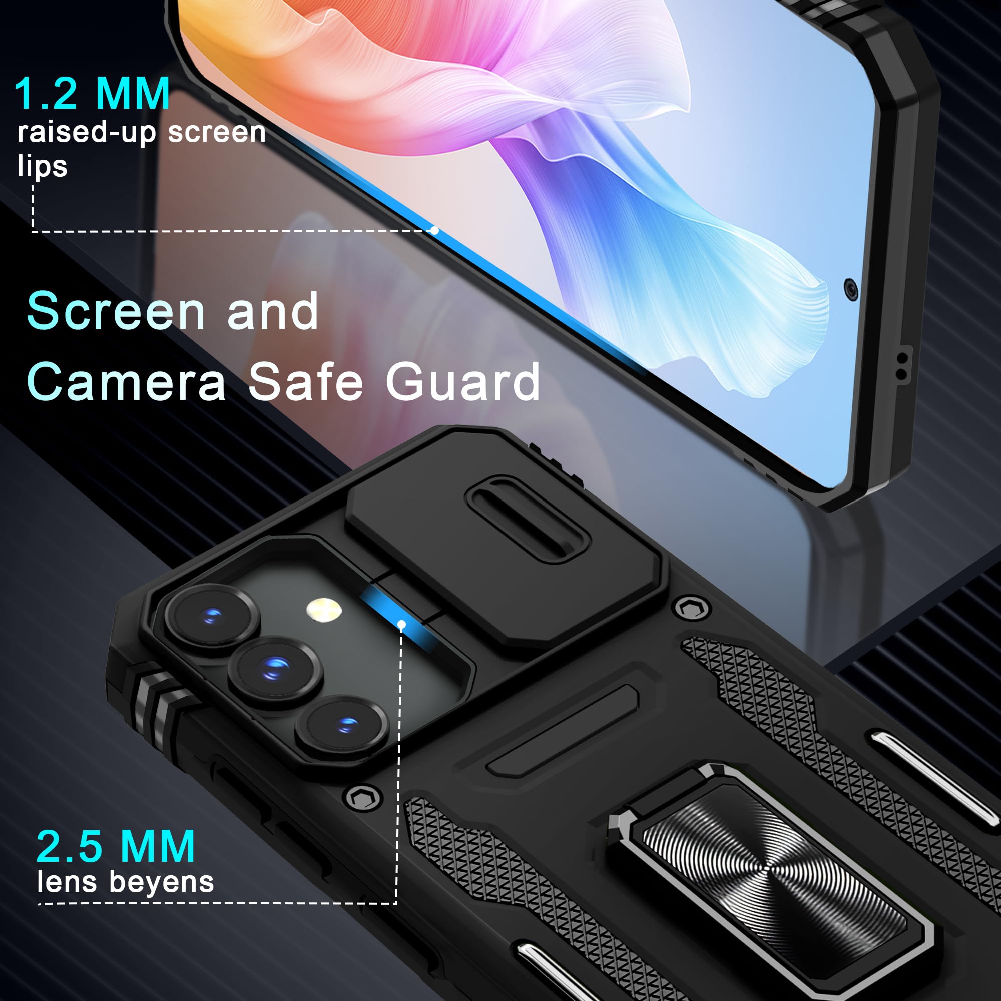 Deerlamn Case For Samsung Galaxy S24 Fe With Slide Camera Cover+Screen Protector(1 Pack), Rotated Ring Kickstand Military Grade