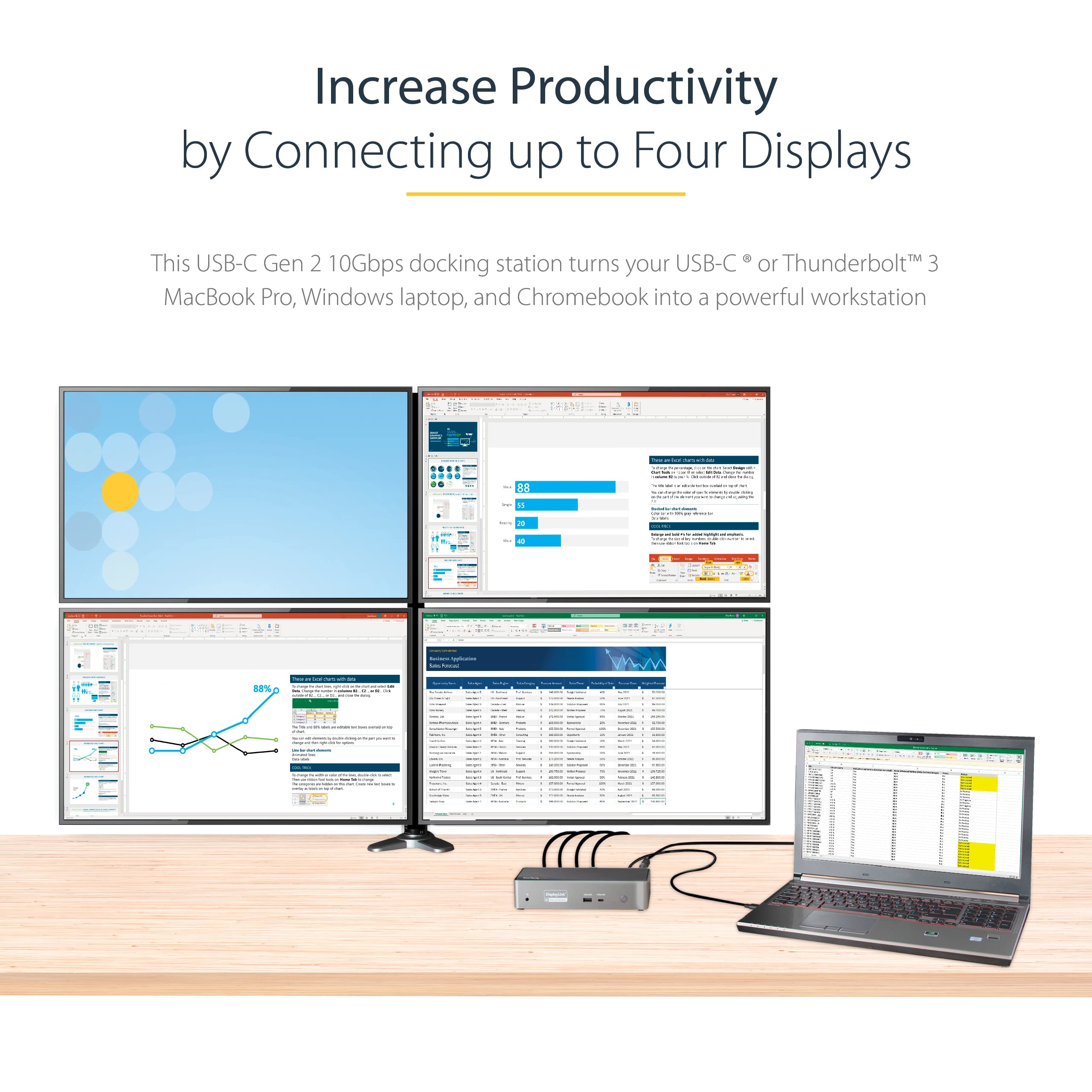 Startech.Com Usb-C Quad Monitor Docking Station For Macbook Pro/Air M1 M2 M3 M4 & Windows, Universal 4K 60Hz Hdmi Dp Dock, Thund