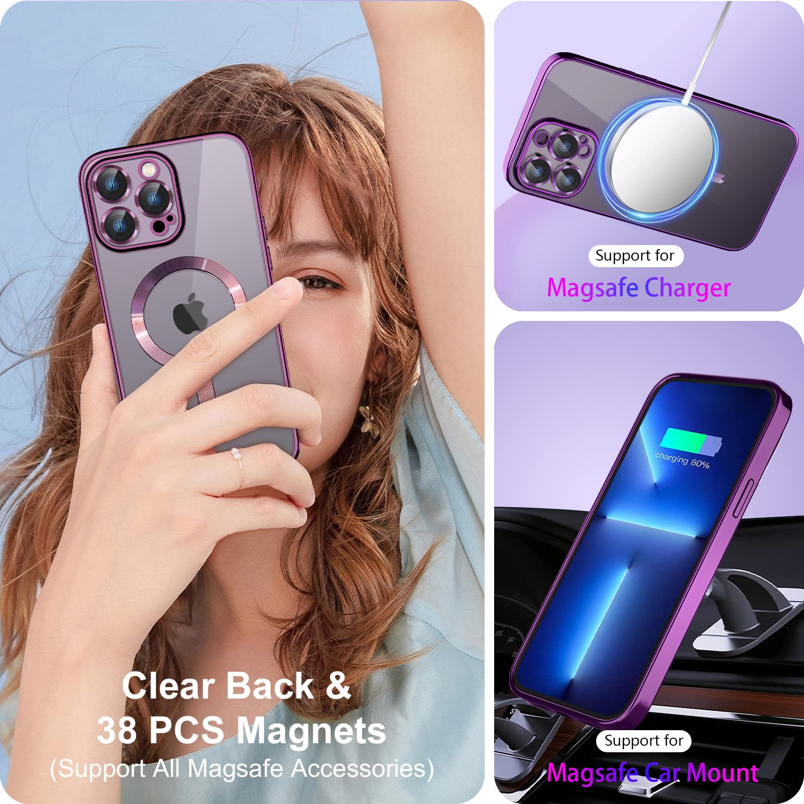 DINGKUAKE iPhone 14 Pro Max Case Magsafe Magnetic Clear Electroplated TPU Dark Purple