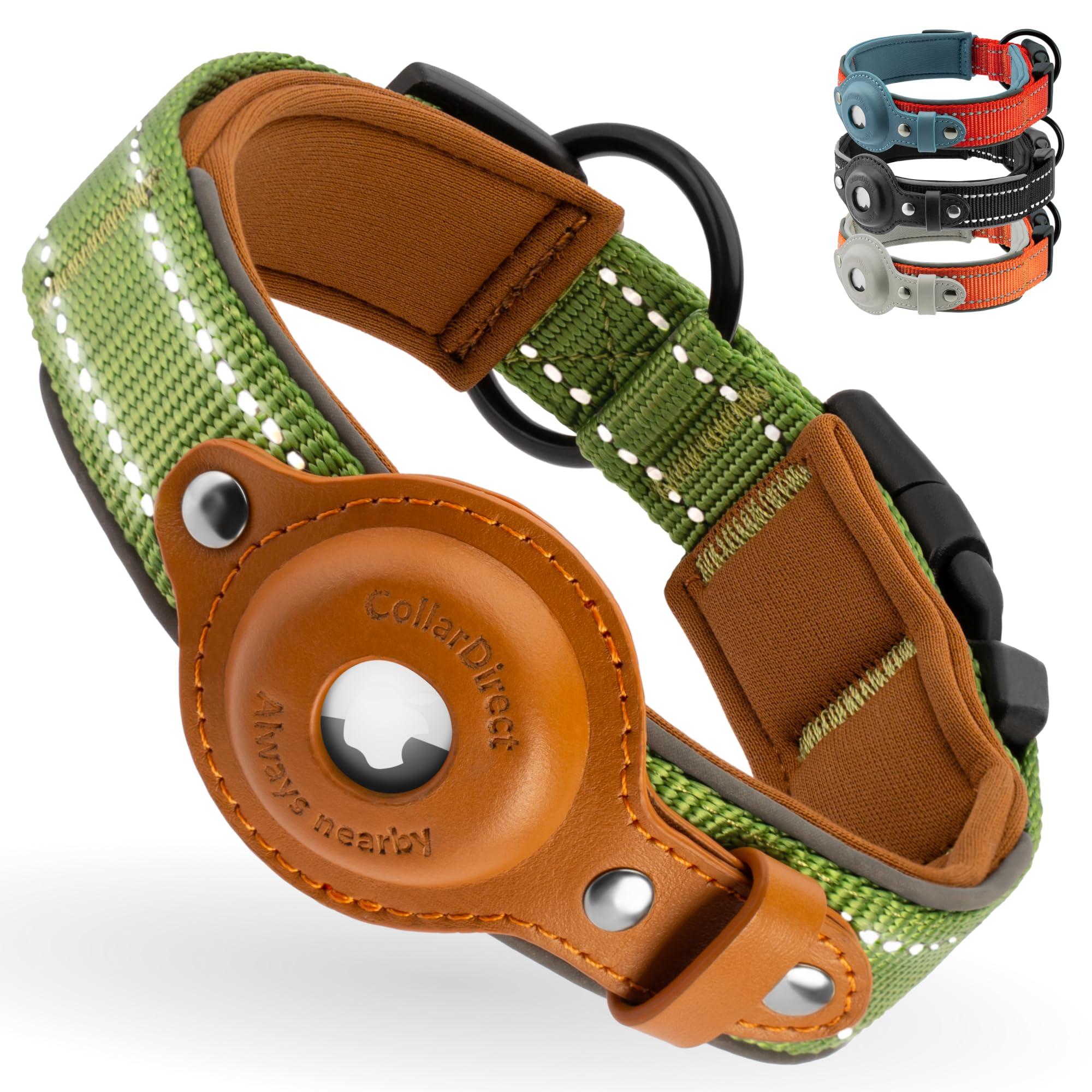 Airtag Dog Collar, Collardirect, Reflective Dog Collar For Apple Air Tag For Large, Medium, And Small Dogs, Green, Xl