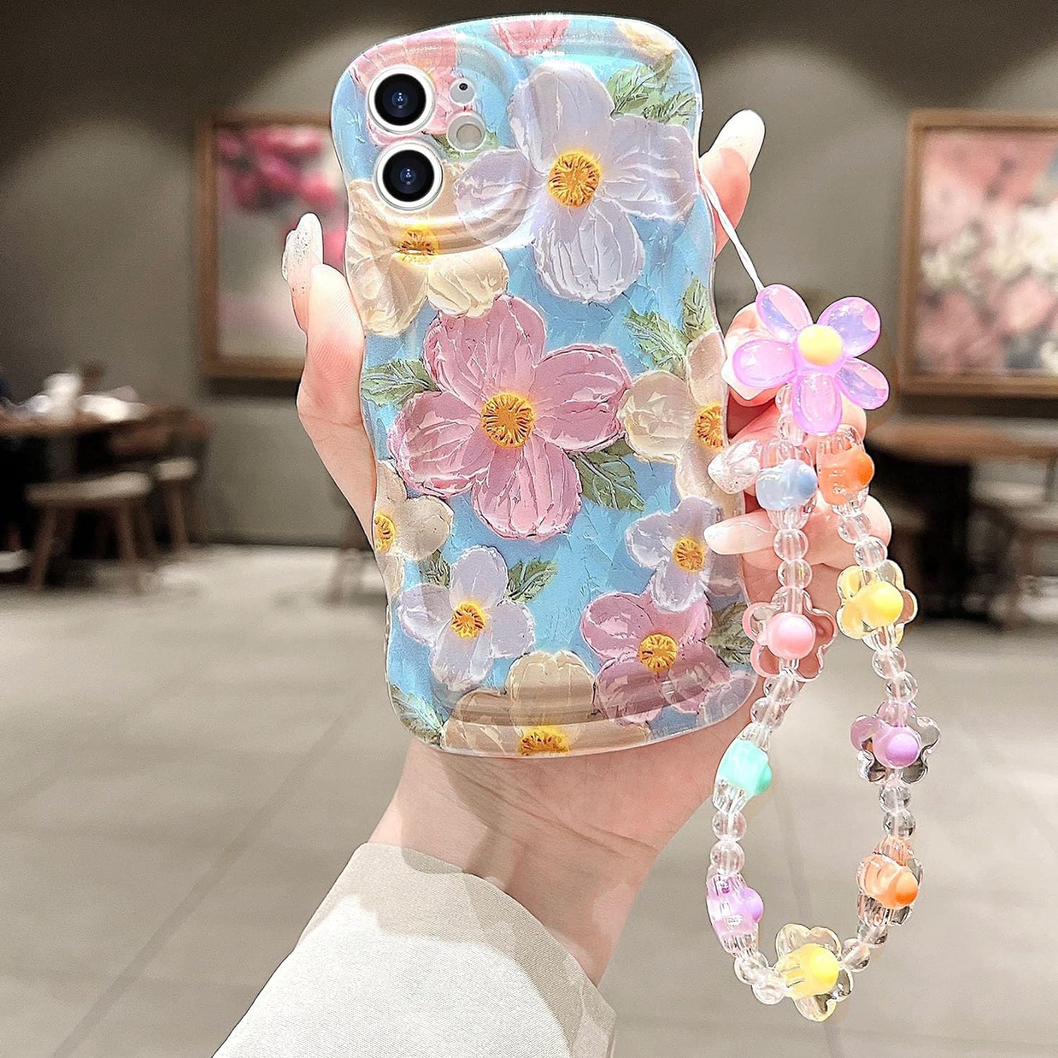 for iPhone 12 Mini Curly Wavy Case, Cute Colorful Retro Oil Painting Flower Glossy Pattern [with Bead Chain], Slim Fit Shockproo