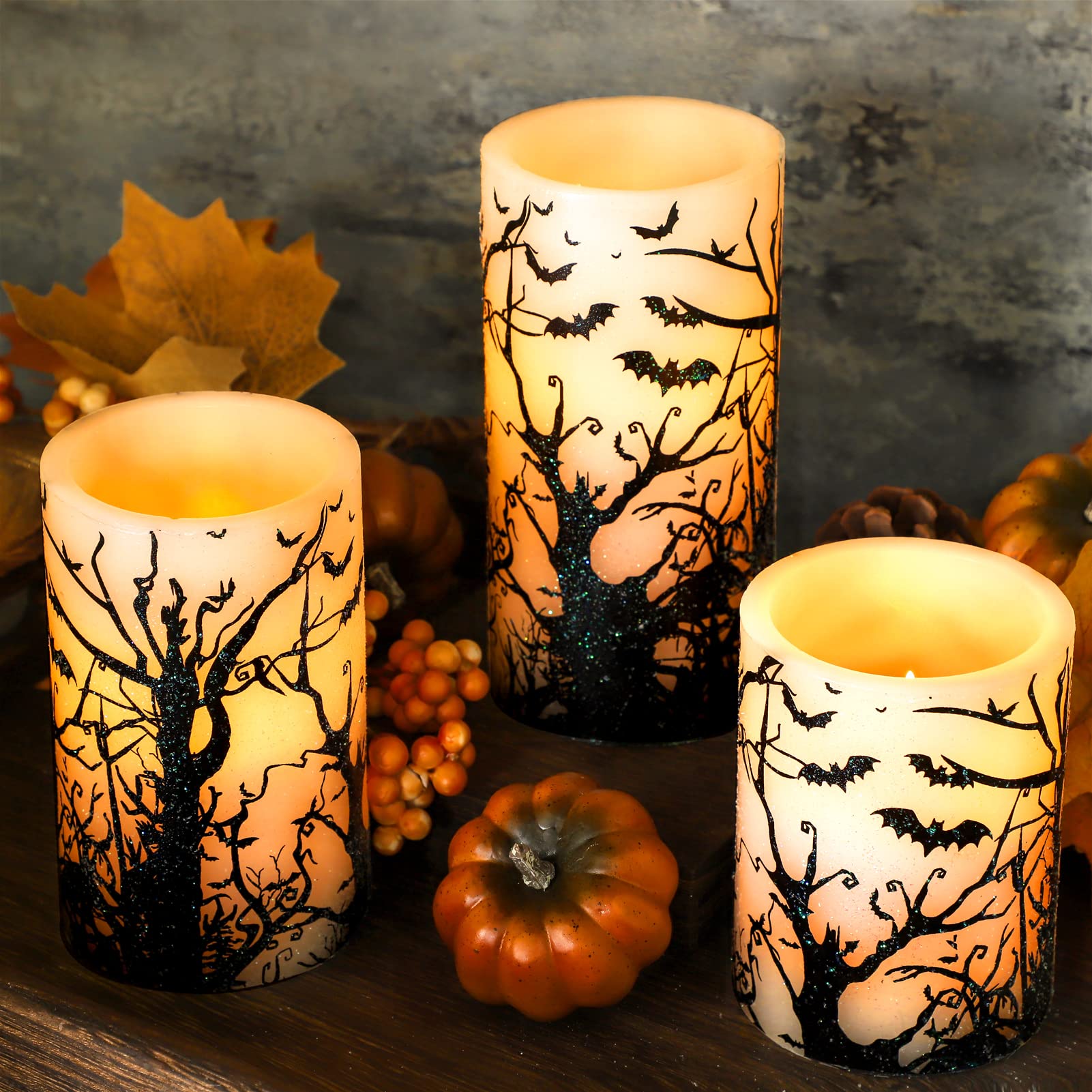 Flavcharm Halloween Decor Flameless Candles Set Of 3 Black Spooky Bats Decal Flickering Candles Battery Operated With Remote Rea