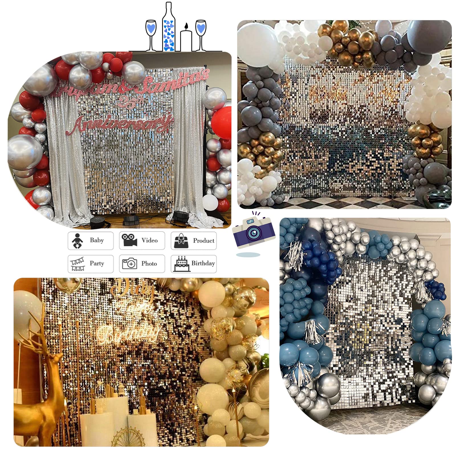 Silver Shimmer Wall Panel Backdrop   Sequin Panels Backdrops 18 Panels Birthday Decoration Walls For Bridal Shower Wedding