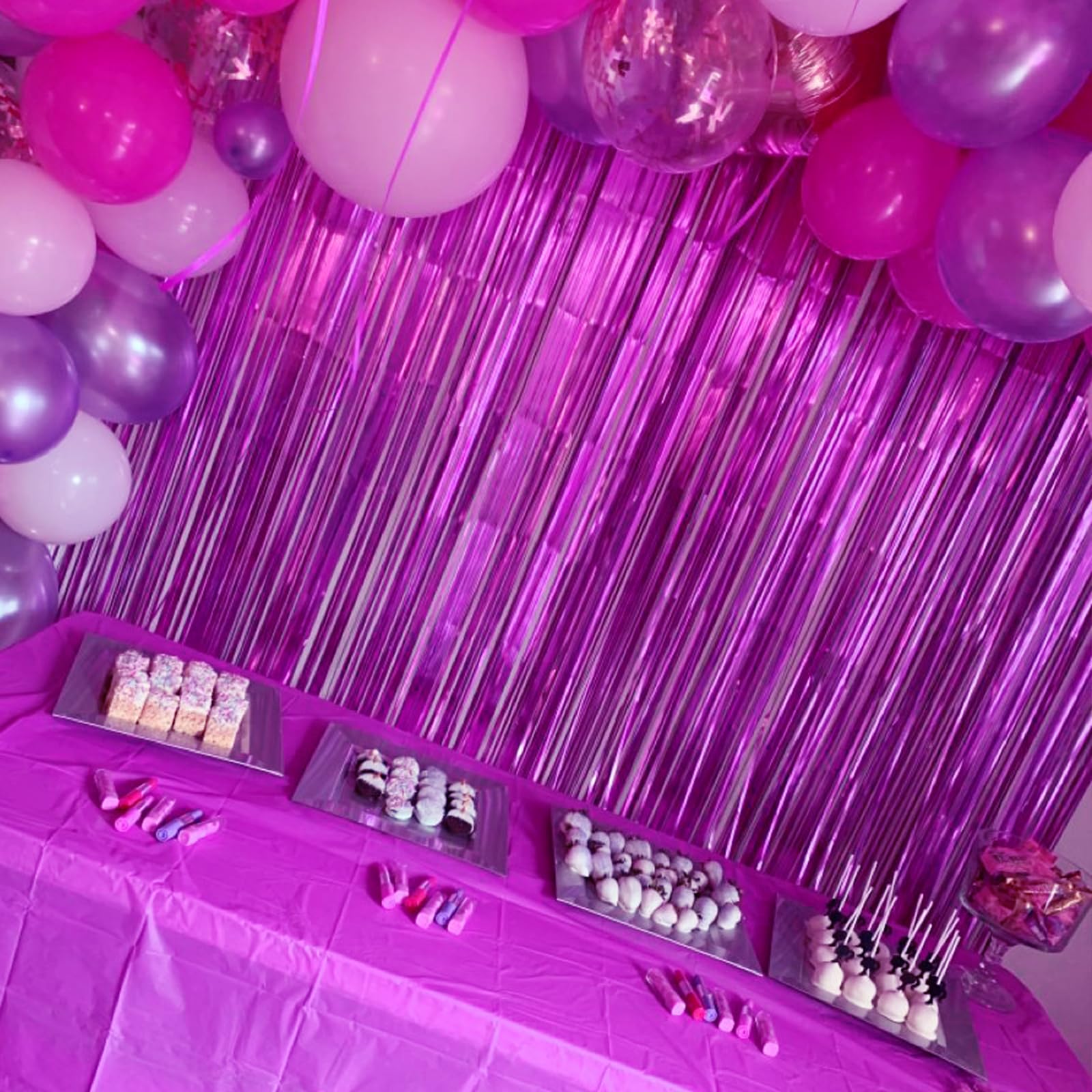 Canrevel 2 Pack 3.3X8.2 Feet Hot Pink Foil Fringe Backdrop Curtains, Tinsel Streamers Birthday Party Decorations, Fringe Backdro