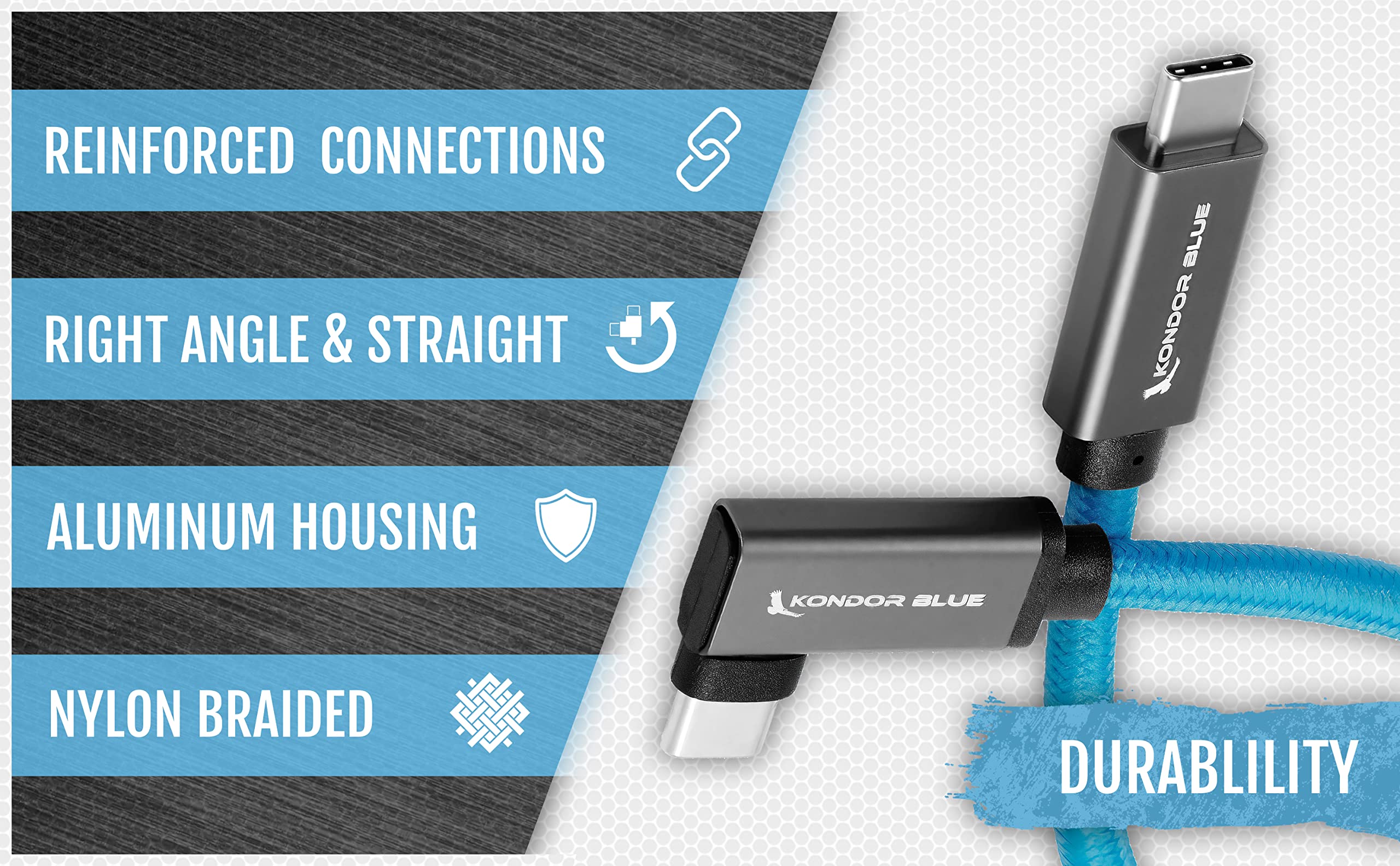 Kondor Blue 12'' Straight Usb C 3.1 Gen 2 10 Gb/S 100W | Right Angle Braided Cable For 8K Data And Power Delivery