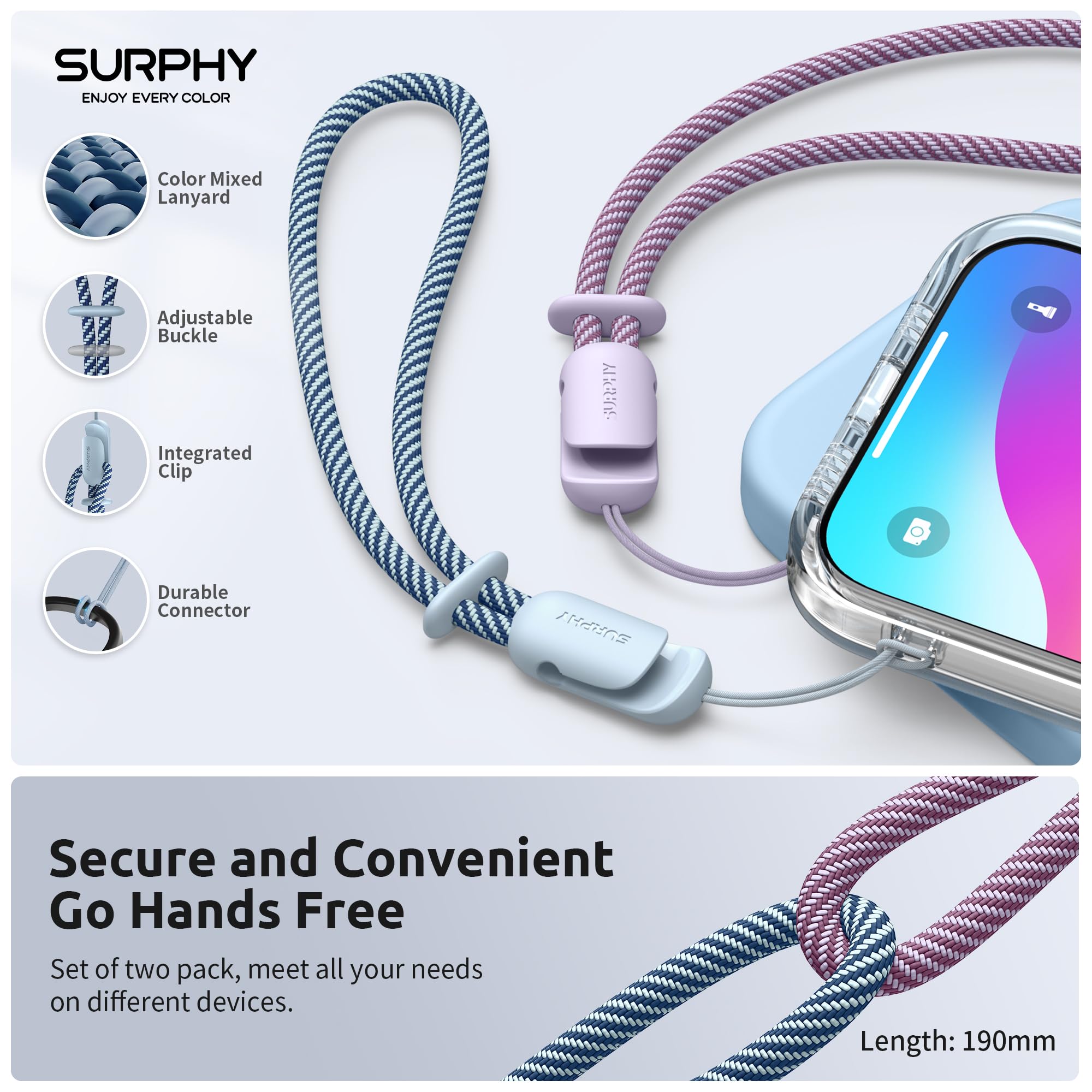 Surphy 2 Pack Lanyard, Phone Strap, Adjustable Phone Lanyard With Two Color Braided, Wrist Strap For Airpods, Camera (Lilac & Cl