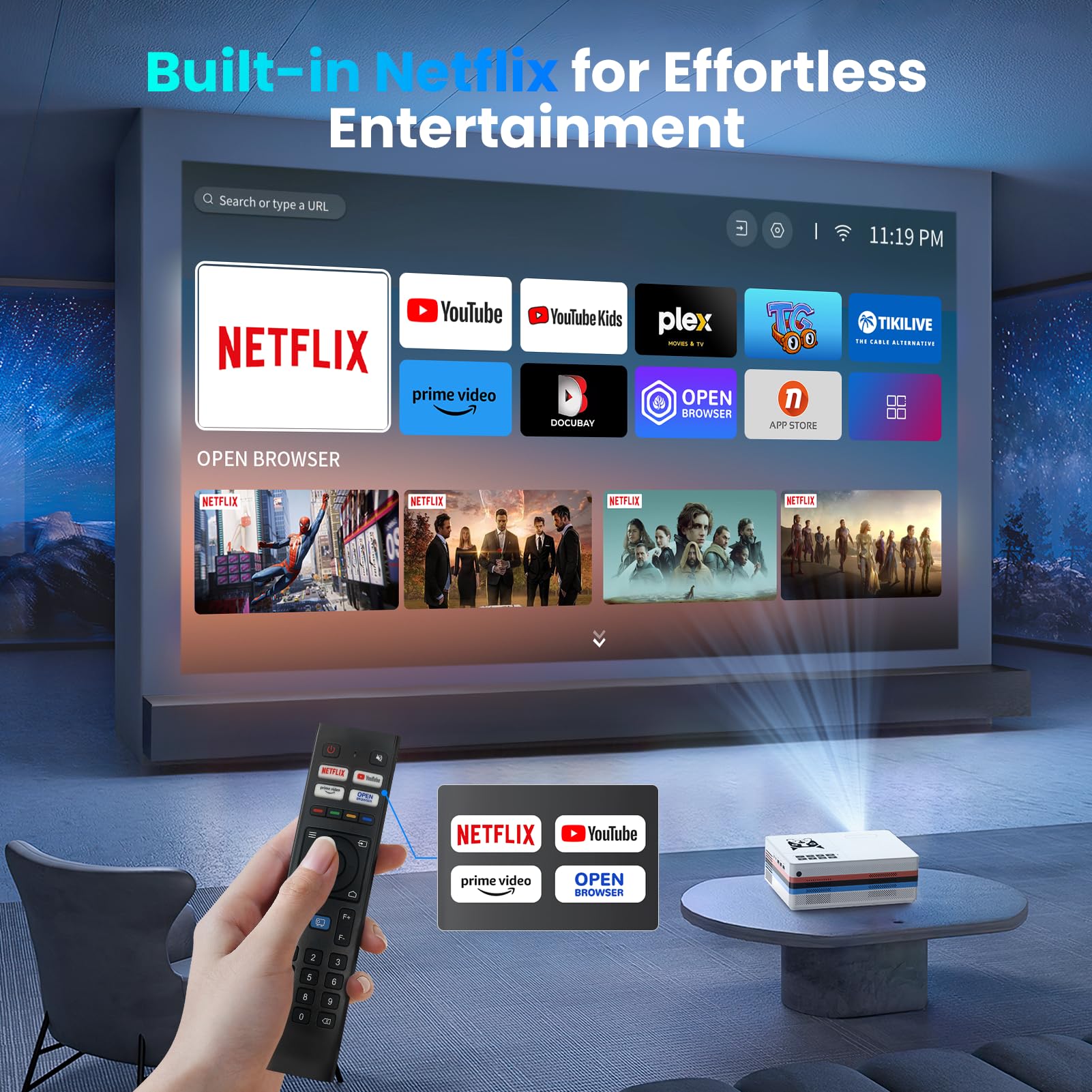 [Netflix Licensed & Dolby Audio] Projector With Wifi And Bluetooth 4K Supported, Fudoni Outdoor Smart Projector Native 1080P 600