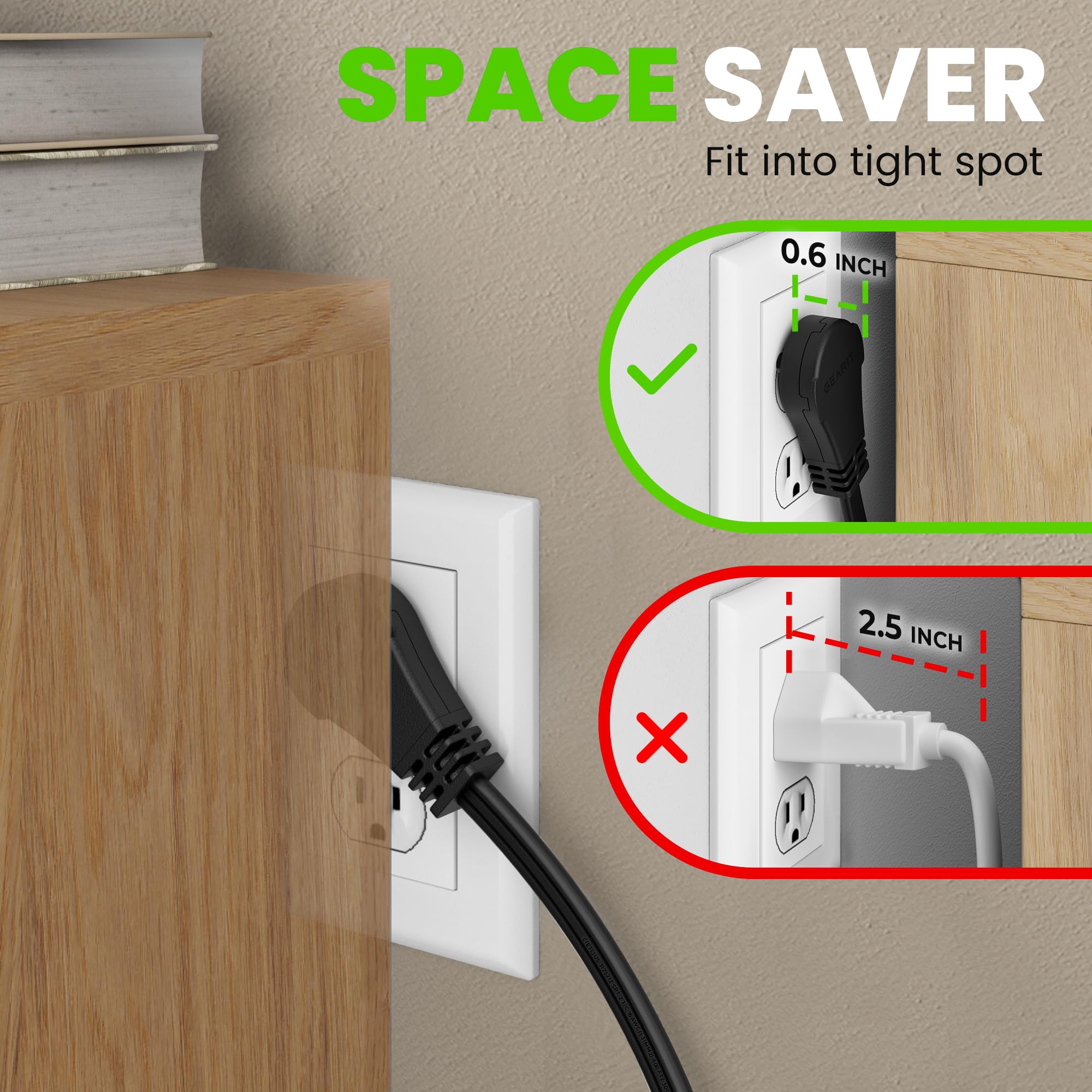 Gearit 360 Rotating Flat Plug Extension Cord (6Ft, Black) Multi 3 Outlet Extension 16 Awg Wire, Adapter For Small Spaces, Right