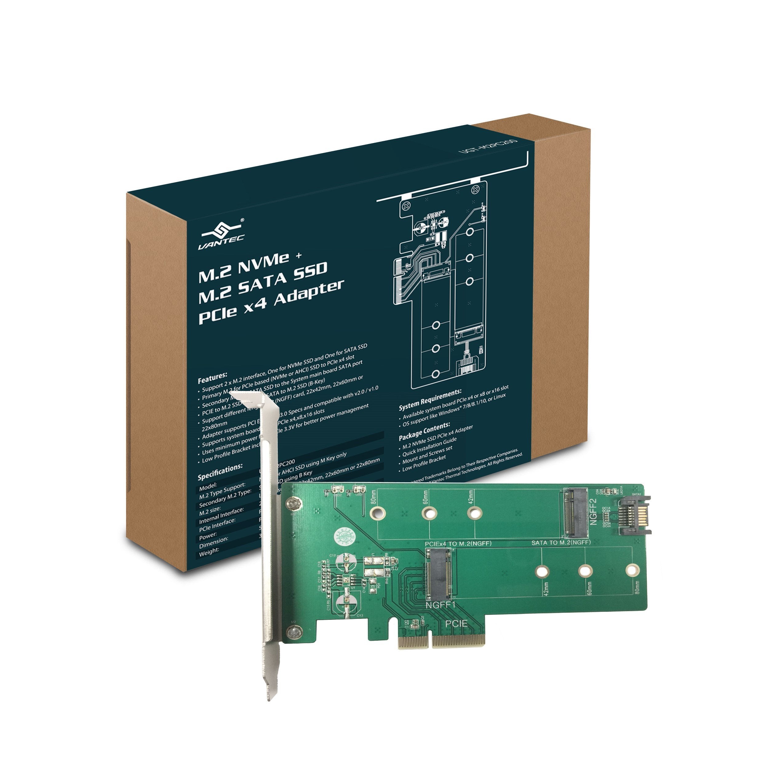 Vantec M.2 NVMe + M.2 SATA SSD PCIe x4 Adapter (UGTM2PC200), Green